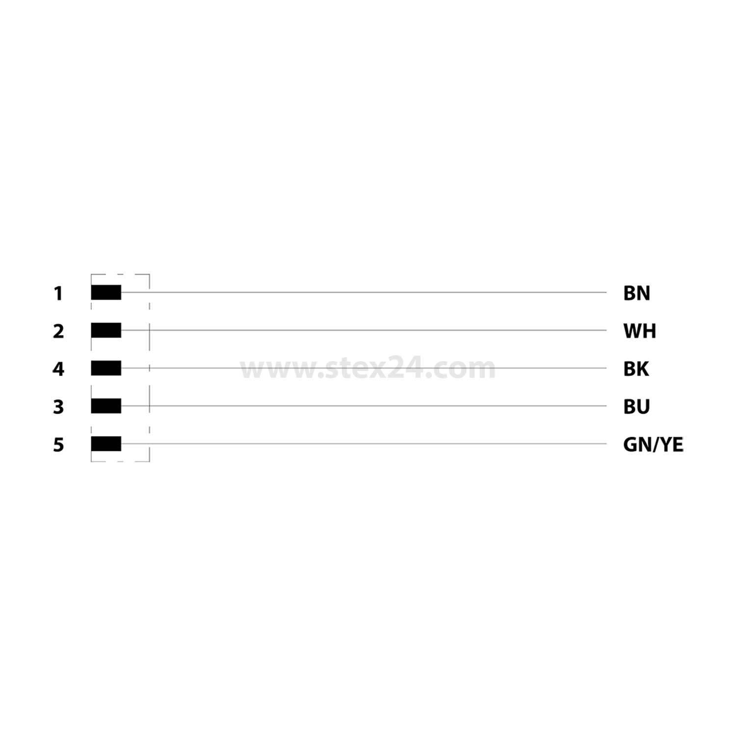 Diagramm eines 5-poligen Kabelsteckers. Pins 1-5 entsprechen den Farben: BN, WH, BU, BK, GN/YE.