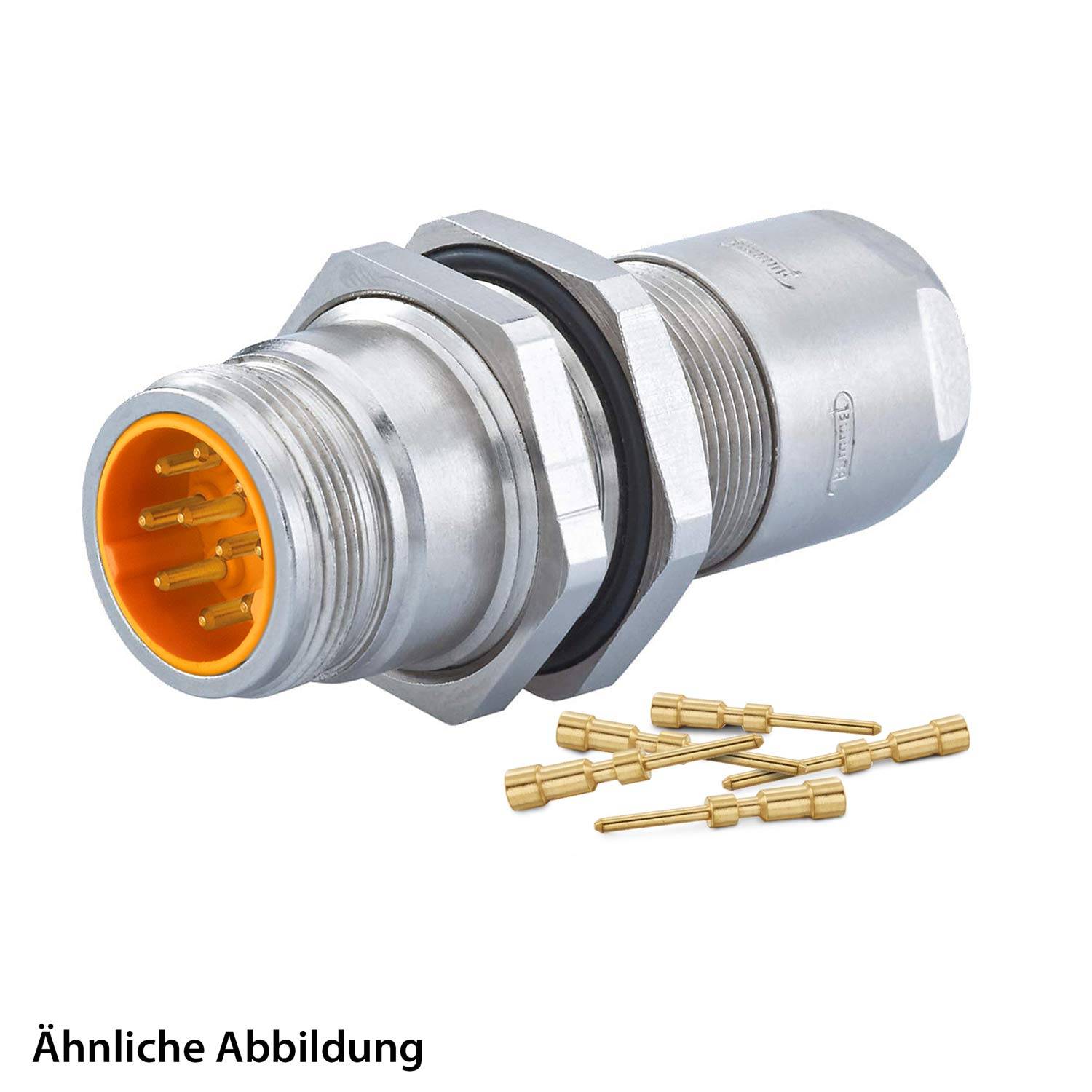 Ein zylindrischer Metall-Elektroverbinder mit sechs goldenen Stiften im Inneren, zusammen mit sieben einzelnen goldenen Stiften auf einem weißen Hintergrund.