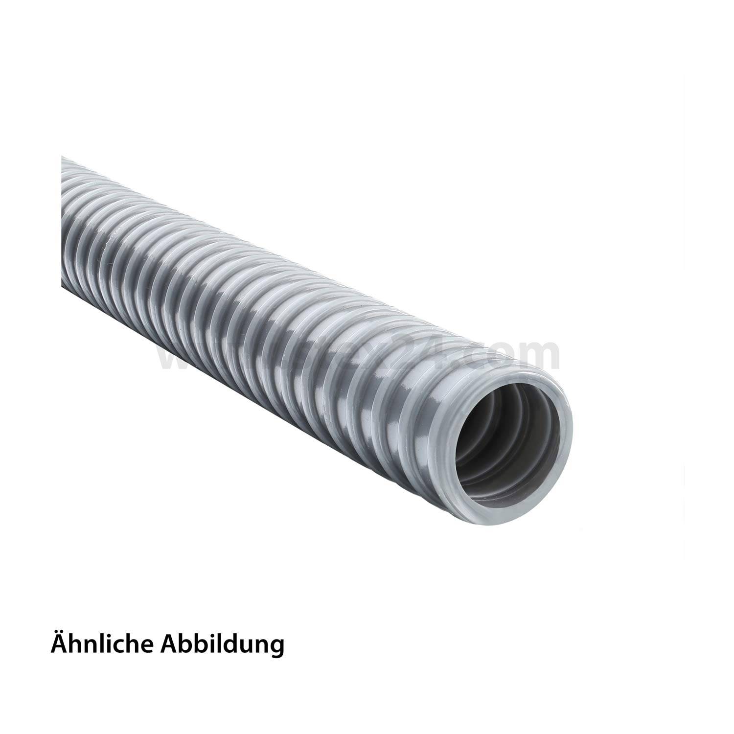 Ein graues, flexibles Wellschlauch, horizontal dargestellt. Der Text darunter liest sich 