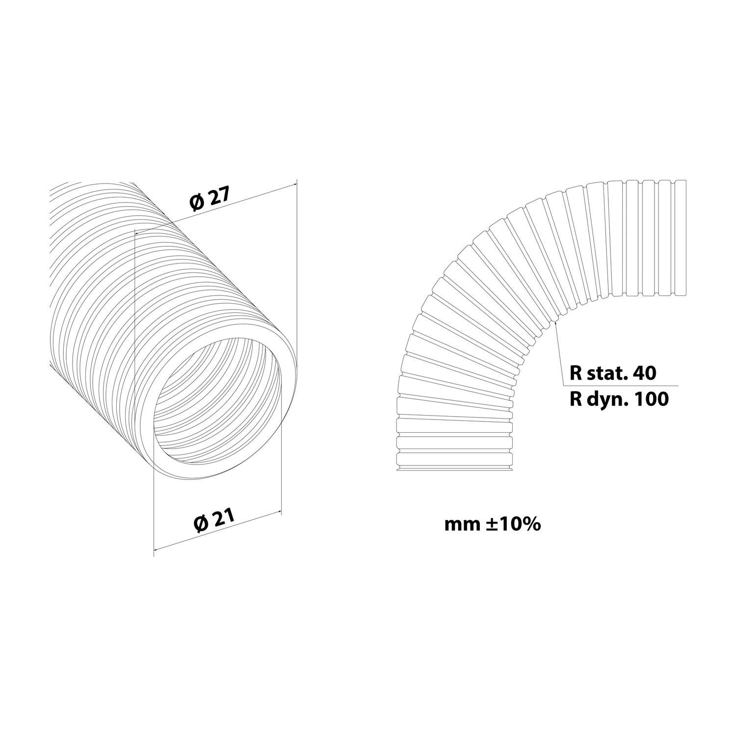 Darstellung eines flexiblen Schlauchs mit Seiten- und Biegeansicht. Maße beschriftet: Außendurchmesser 27 mm, Innendurchmesser 21 mm. Biegeradius: statisch 40 mm, dynamisch 100 mm. Toleranz ±10%.