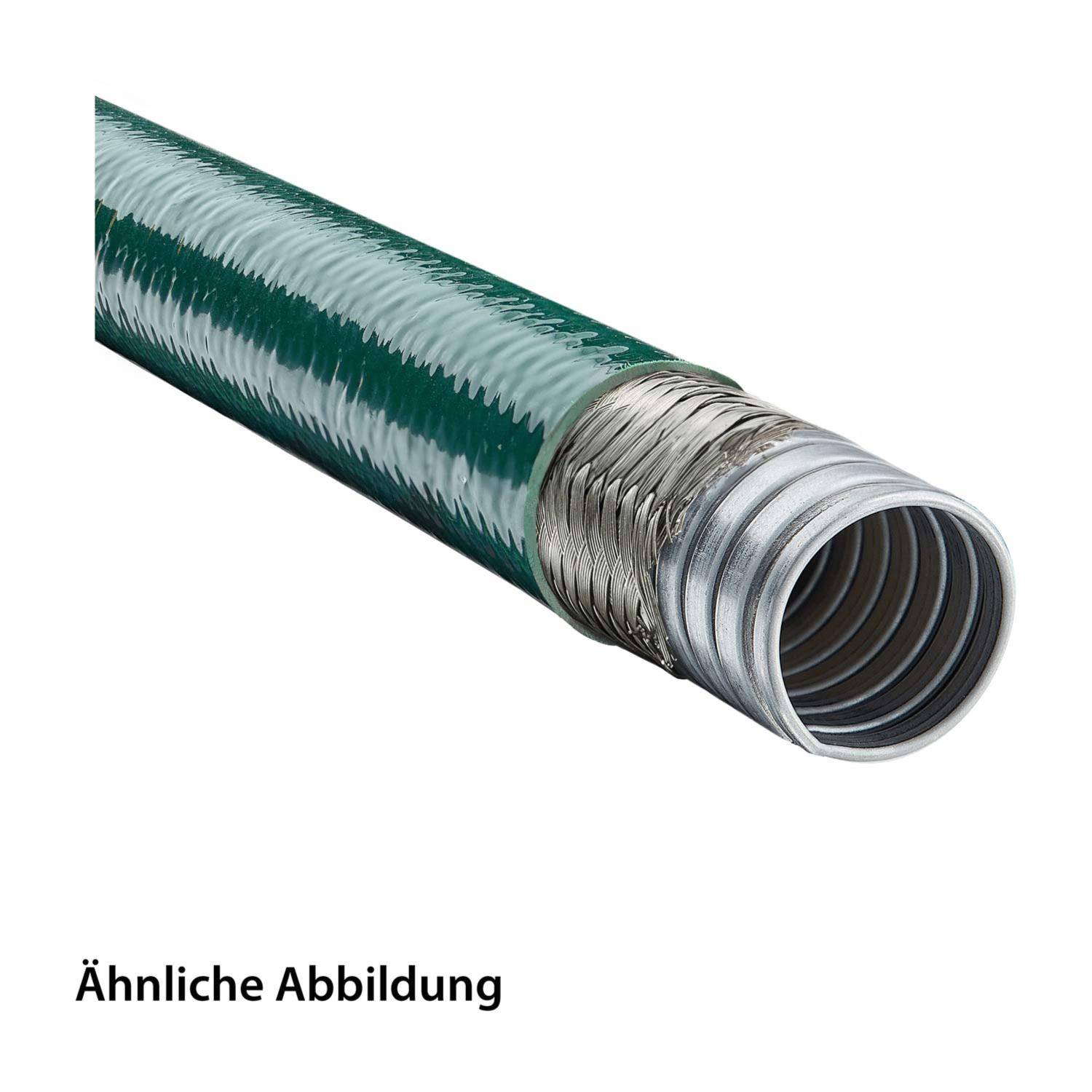 Grüner Industrieschlauch mit einer sichtbaren spiralförmigen Metallverstärkungsschicht am Schnittende.
