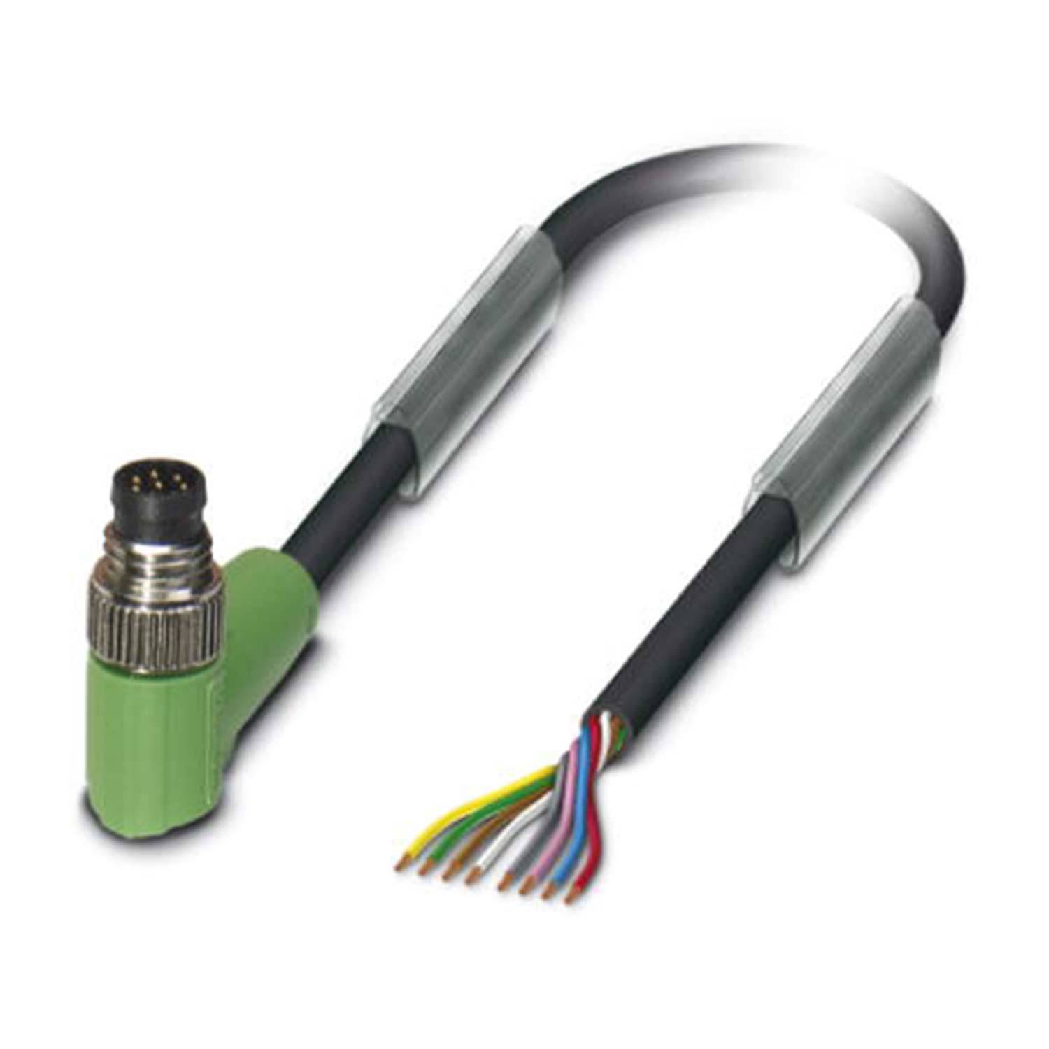 Verbindungskabel mit einem grünen Winkelstecker und freiliegenden mehrfarbigen Leitungen am anderen Ende, wahrscheinlich für elektronische Verbindungen verwendet.