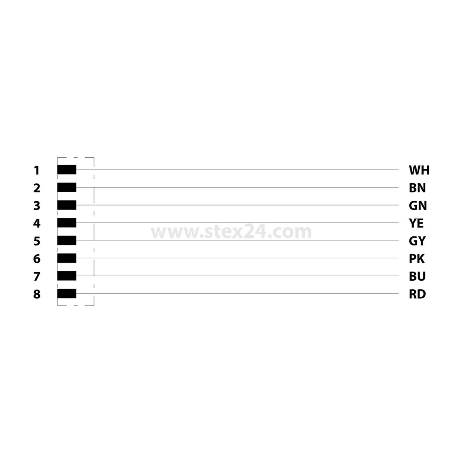 Beschriftung mit Drahtfarben und Nummern: 1-WS, 2-BR, 3-GN, 4-GE, 5-GR, 6-RS, 7-BL, 8-RT.