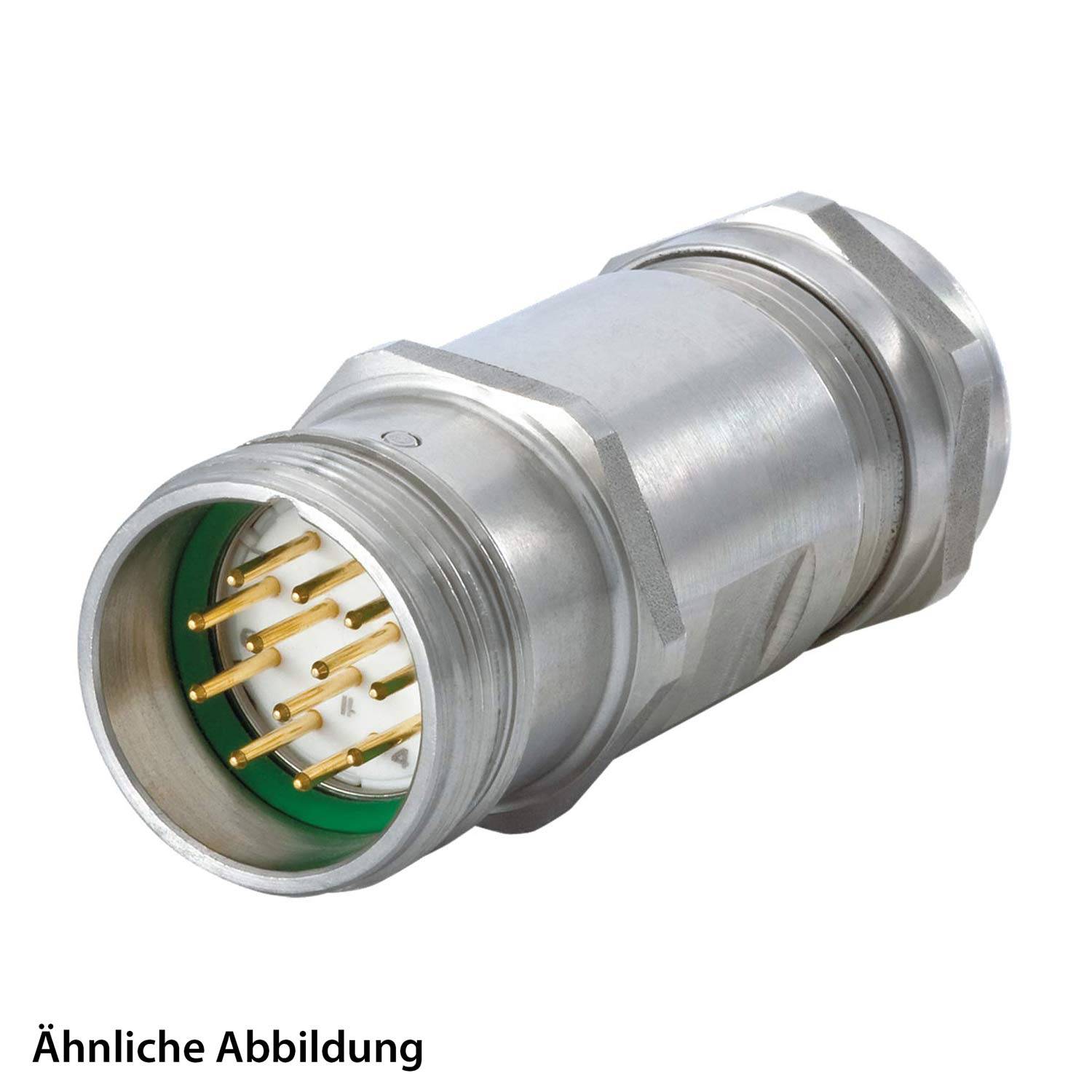 Ein metallischer zylindrischer elektrischer Verbinder mit mehreren Goldstiften im Inneren, der für industrielle oder technische Anwendungen konzipiert ist.