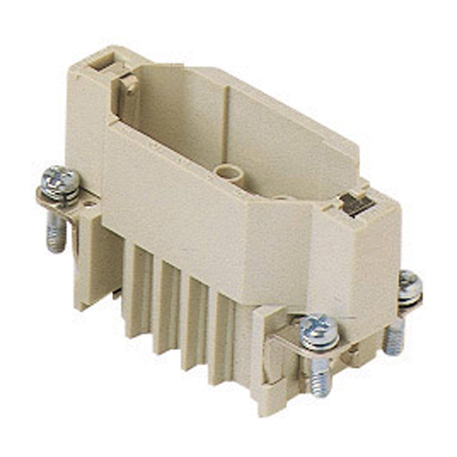 Ein beiger elektronischer Anschlussblock mit metallischen Schrauben an jeder Seite, der zum Sichern von Leitungsverbindungen in elektronischen Geräten verwendet wird.