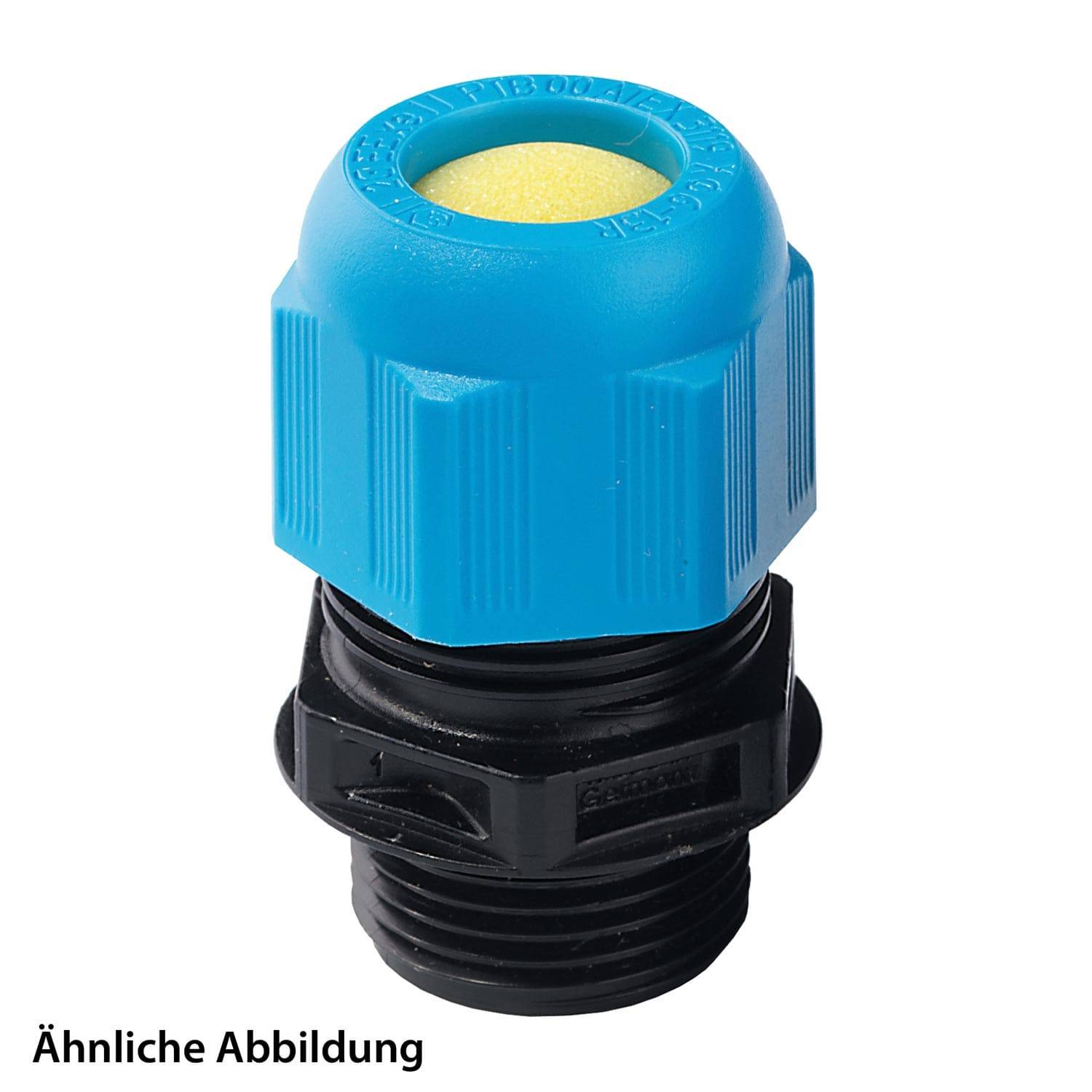 Ein blauer Kabelverschraubung mit einer schwarzen Gewindebasis, verwendet zum Sichern von Kabeln an Geräten. Text lautet „Ähnliche Abbildung