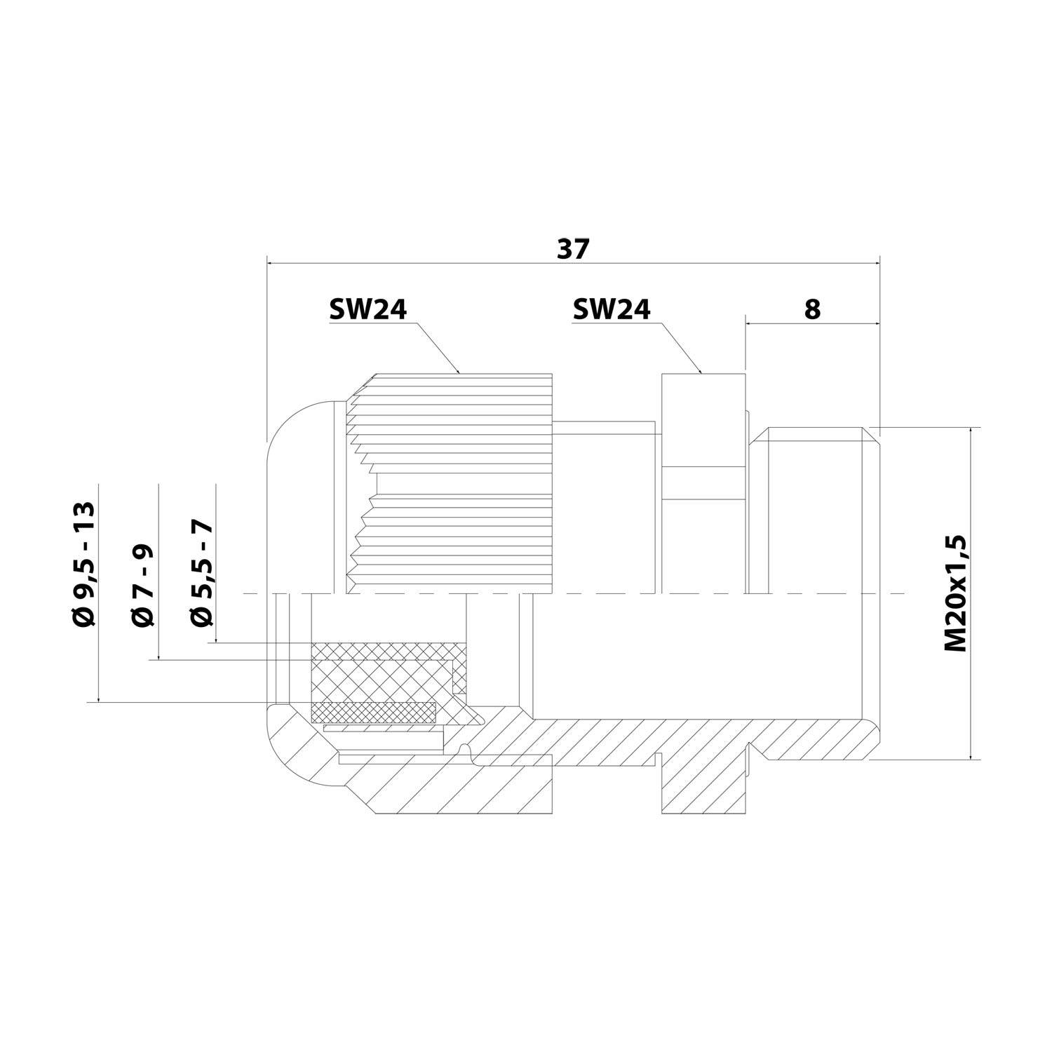 Technische Zeichnung einer mechanischen Komponente mit Abmessungen und Spezifikationen wie 'M20x1.5', 'SW24' und verschiedenen Durchmessermessungen.