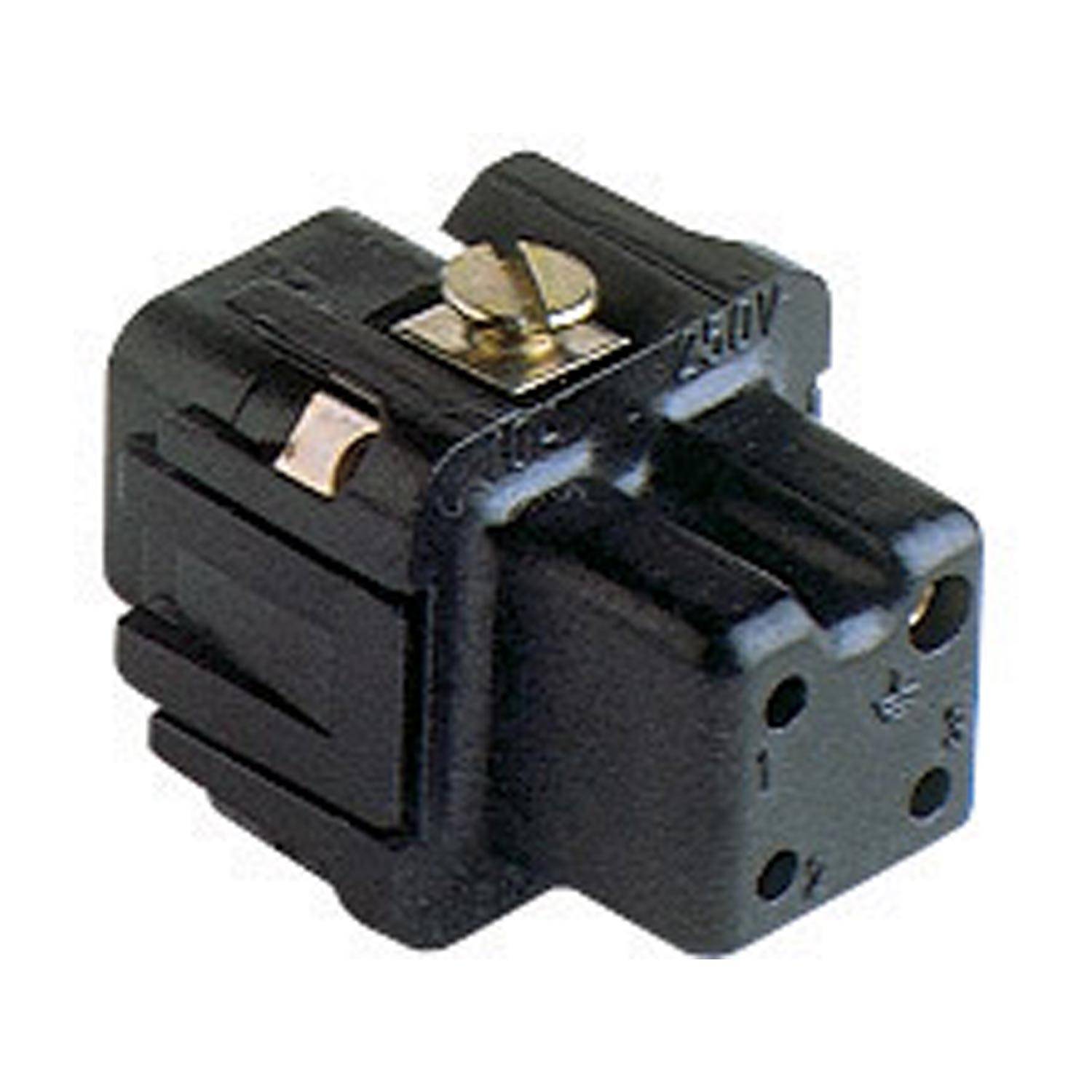 „Ein schwarzer 3-polig Elektro-Adapter, der die Stifte und Schrauben zur Verbindung zeigt.