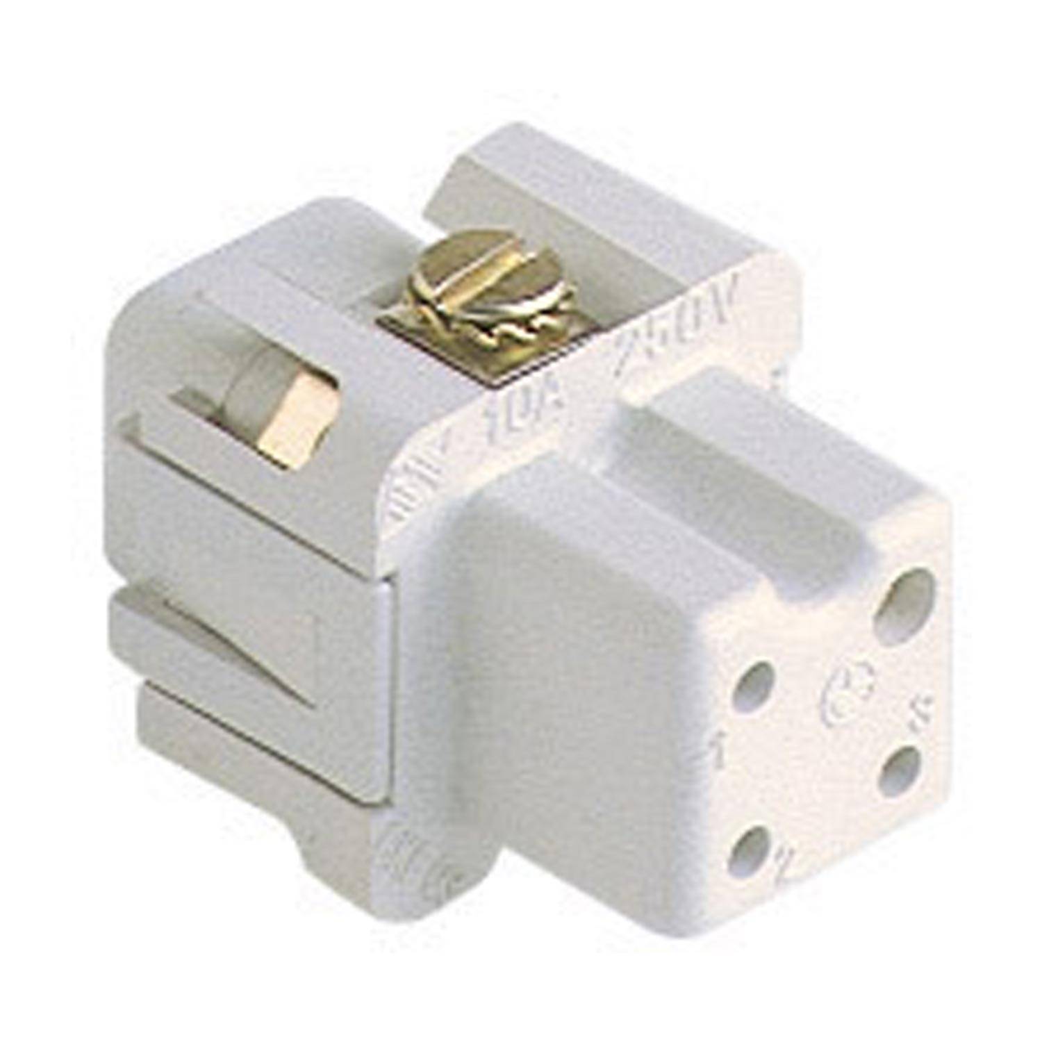 Ein weißer elektrischer Steckdosenadapter mit einer seitlichen Schraubklemme, beschriftet mit '10A 240V'.