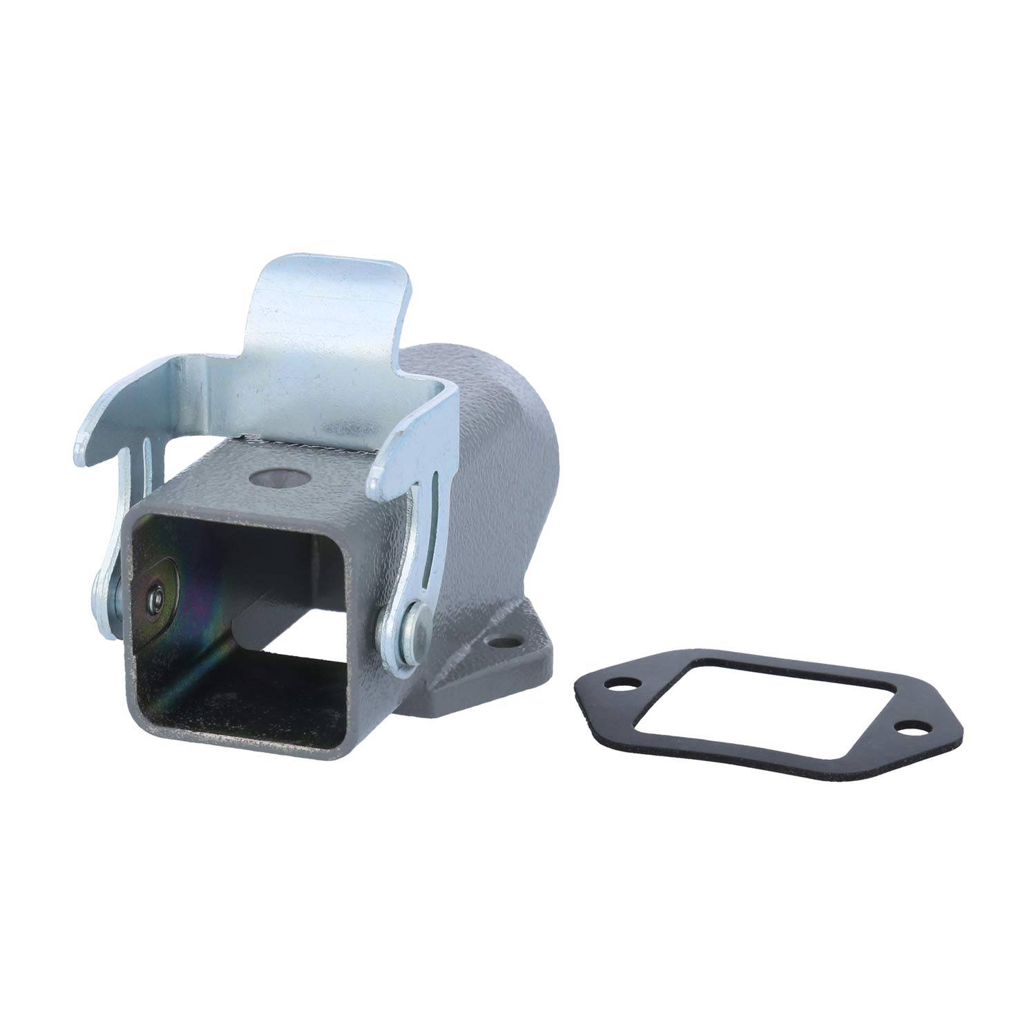 Ein Metallfassung-Adapter mit einer Montageklammer und einer separaten Gummidichtung ist zu sehen, verwendet für Automobil- oder Maschinerieanwendungen.