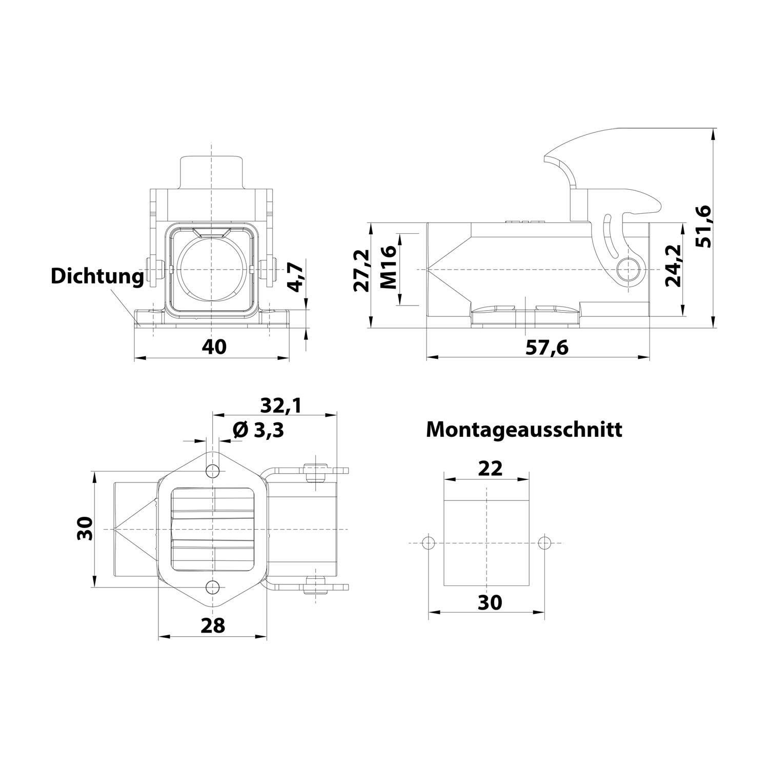 05200031260 HARTING Han 3A Sockelgehäuse mit offenem Boden, 1xM16 gerader Kabelabgang, mit 1 Bügel Verschraubung M16