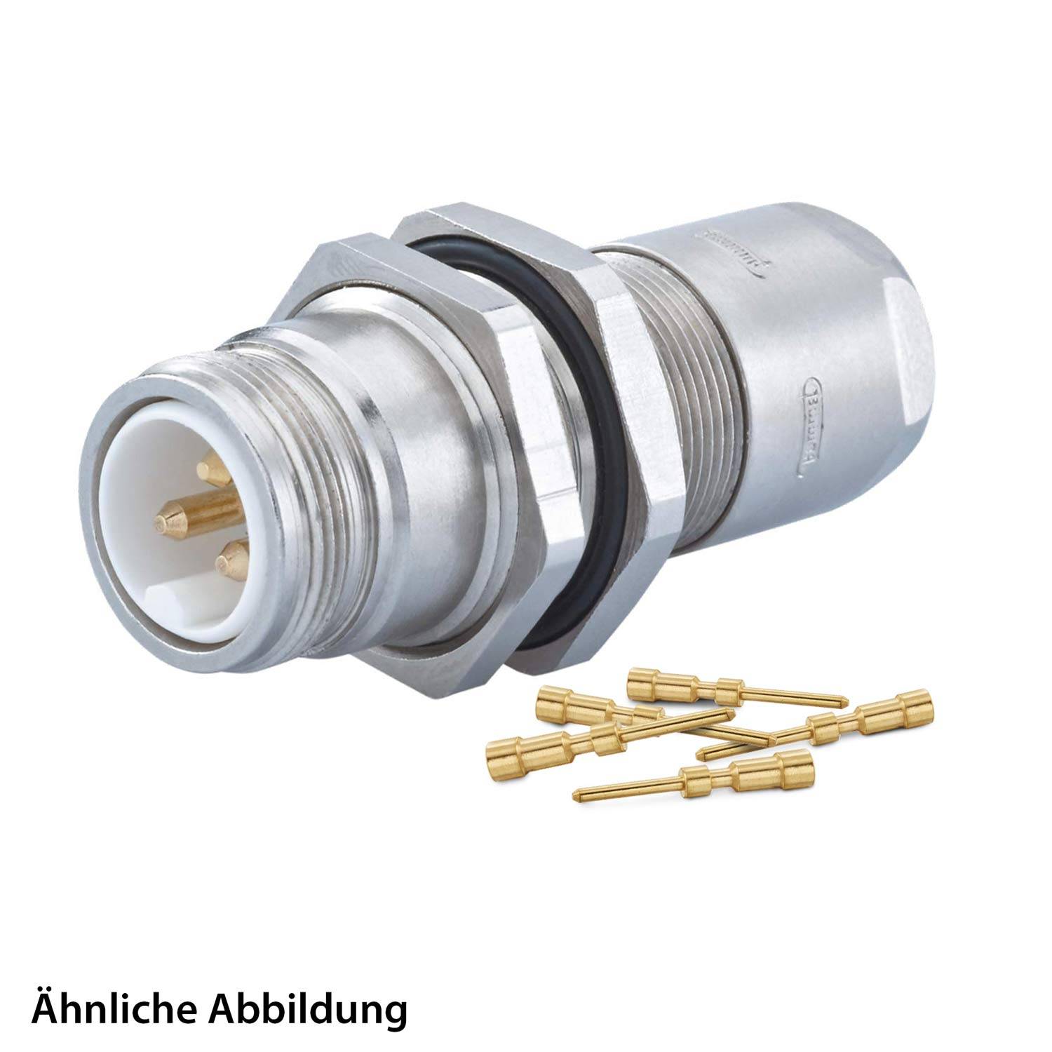 Silberner Koaxialstecker mit sechs vergoldeten Stifteinsätzen, mit robustem zylindrischem Design; Bildunterschrift lautet „Ähnliche Abbildung