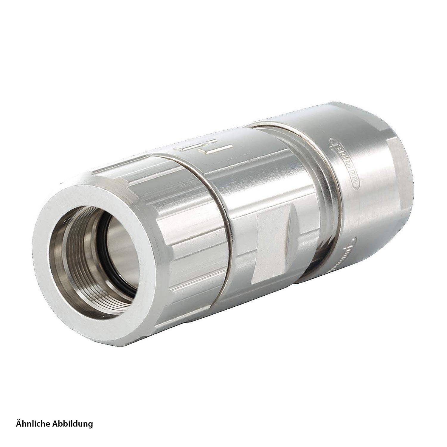 Ein metallischer zylindrischer Verbinder mit Gewindeenden, geeignet für mechanische oder industrielle Anwendungen. Er erscheint robust und sorgfältig gefertigt.