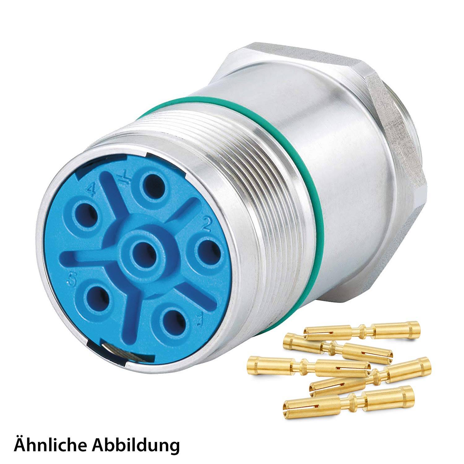 Ein metallischer, zylindrischer Anschluss mit einem blauen Plastikende, das sieben Schlitze zeigt, neben einer Gruppe von sieben kleinen goldenen Pins.