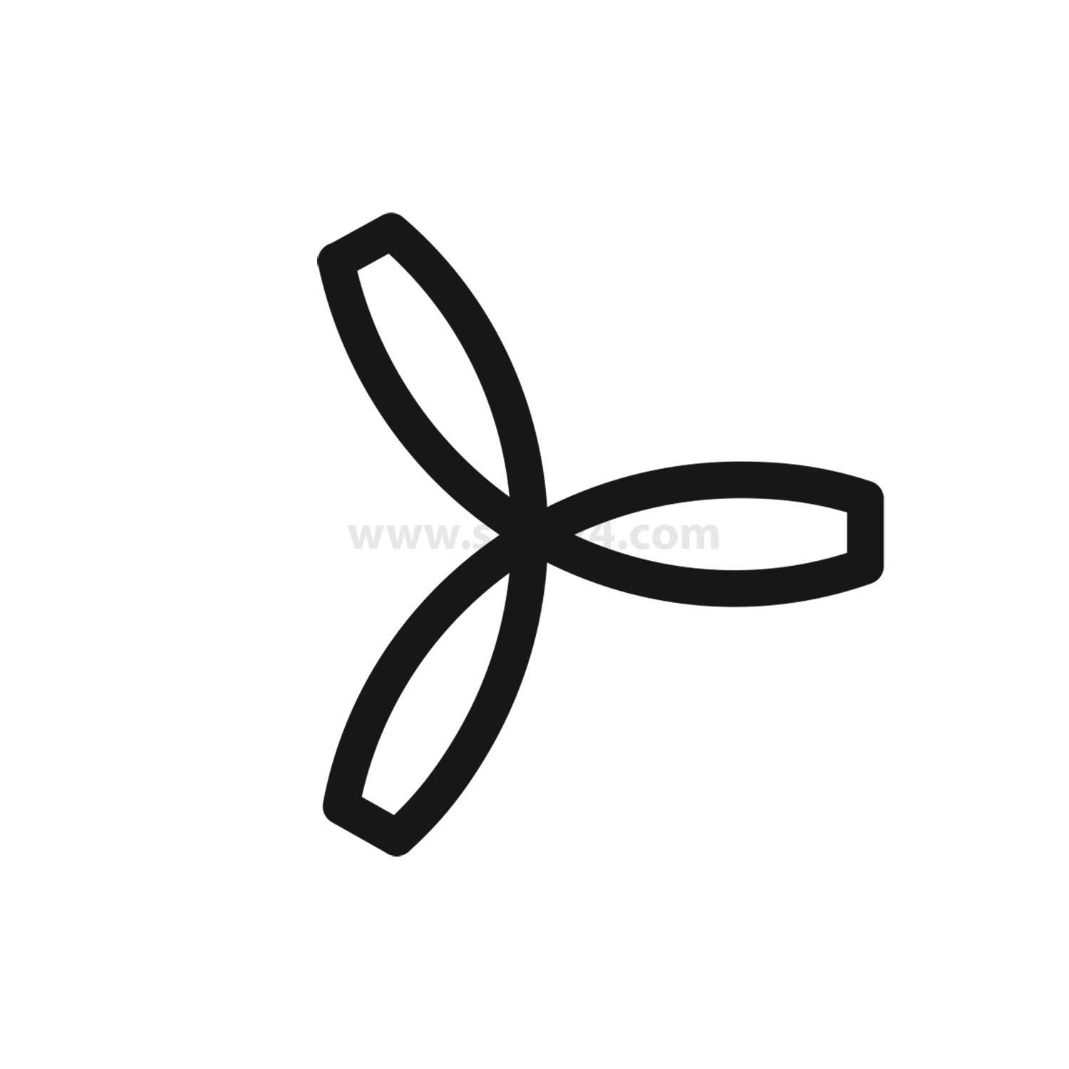 Eine einfache schwarze Umrisslinie eines symmetrischen, dreiblättrigen Propellers oder abstrakten Symbols auf einem schlichten weißen Hintergrund.