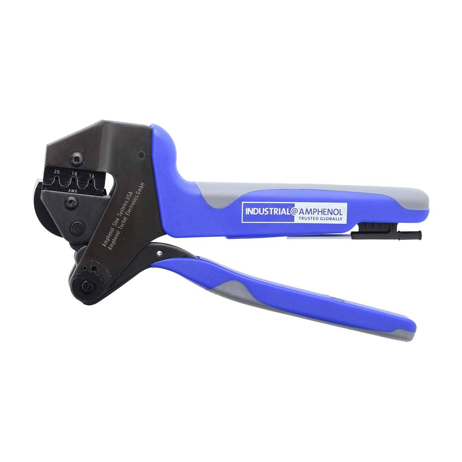 Crimpzange mit blauem Griff, entwickelt für industrielle Kabelverbindungen, mit sichtbarem Markenlogo am Griff.