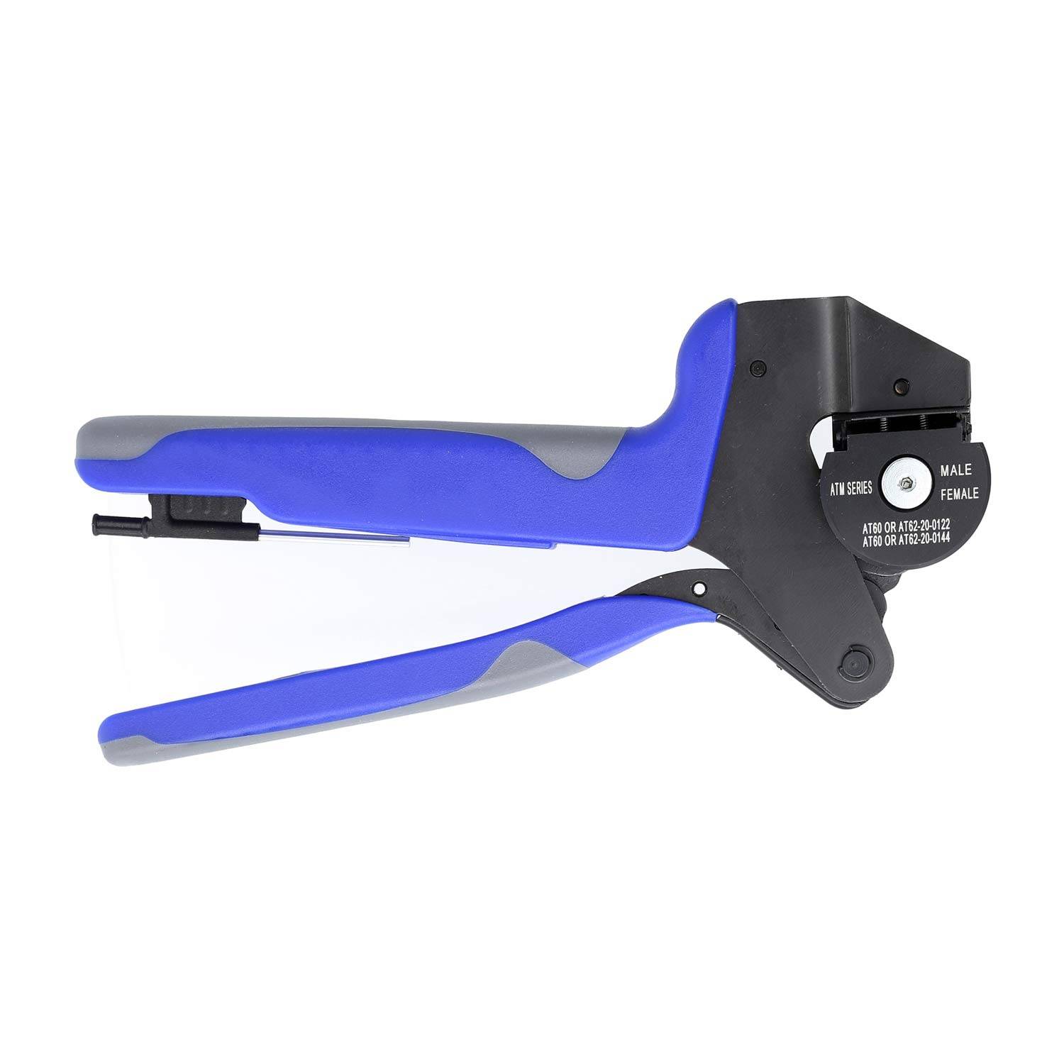 Ein blau-schwarzer Crimpzange mit ergonomischen Griffen, die für das Verbinden von Koaxialkabel-Steckern entwickelt wurde.