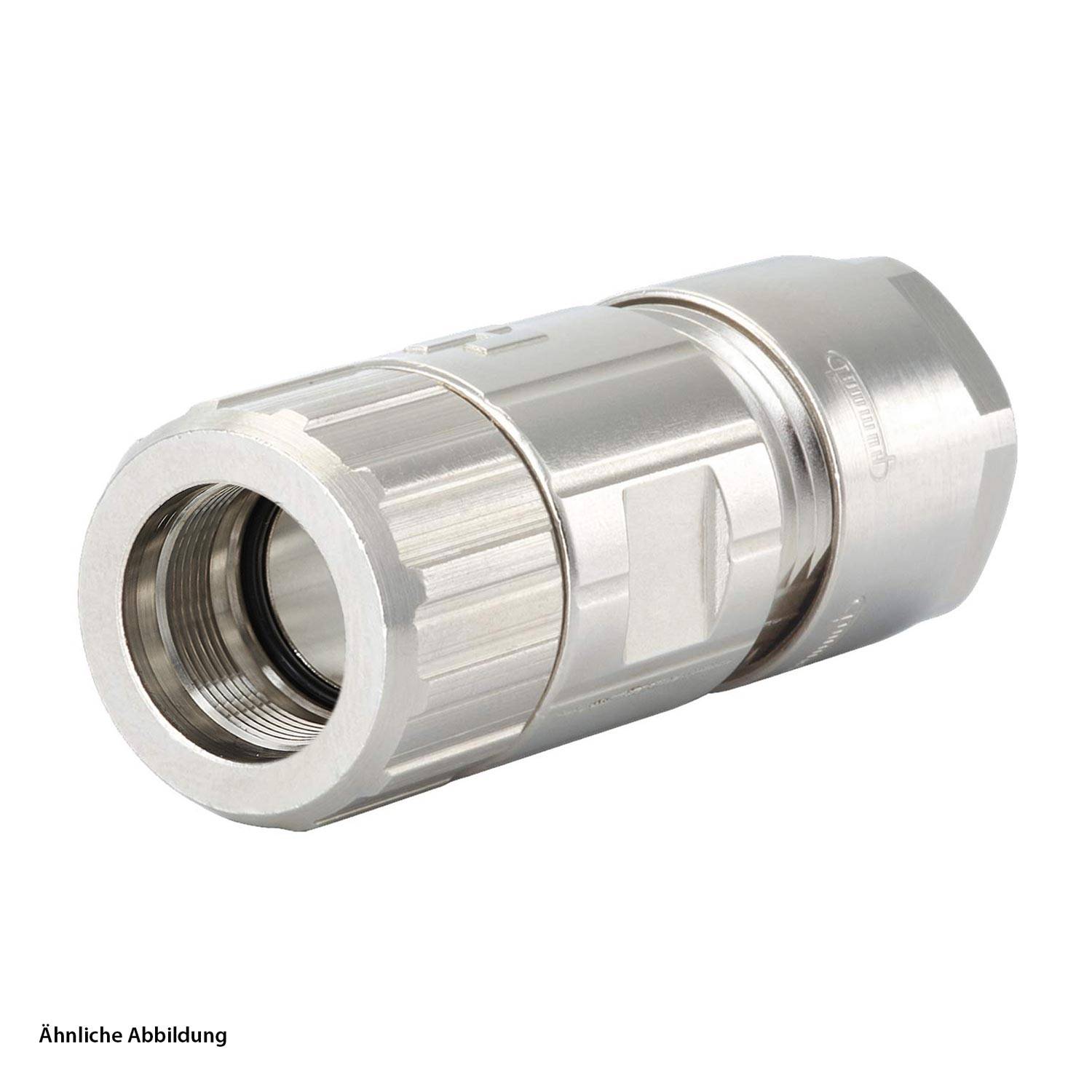 Ein metallischer Koaxialkabelstecker mit einer zylindrischen Bauform, ausgestattet mit Rillen und einem Gewinde am Ende für eine sichere Befestigung.