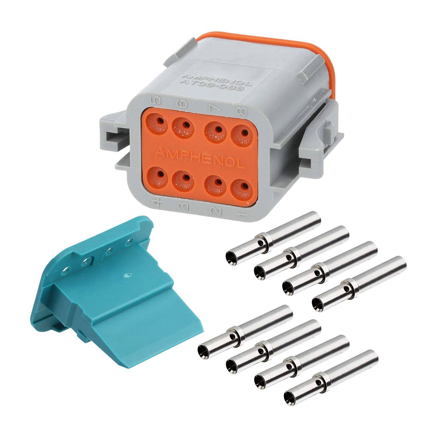 Ein graues elektrisches Anschlussgehäuse mit acht kreisförmigen Schlitzen, beschriftet mit 'AMPHENOL', versehen mit acht metallischen Stiften und einer blauen Plastikabdeckung.