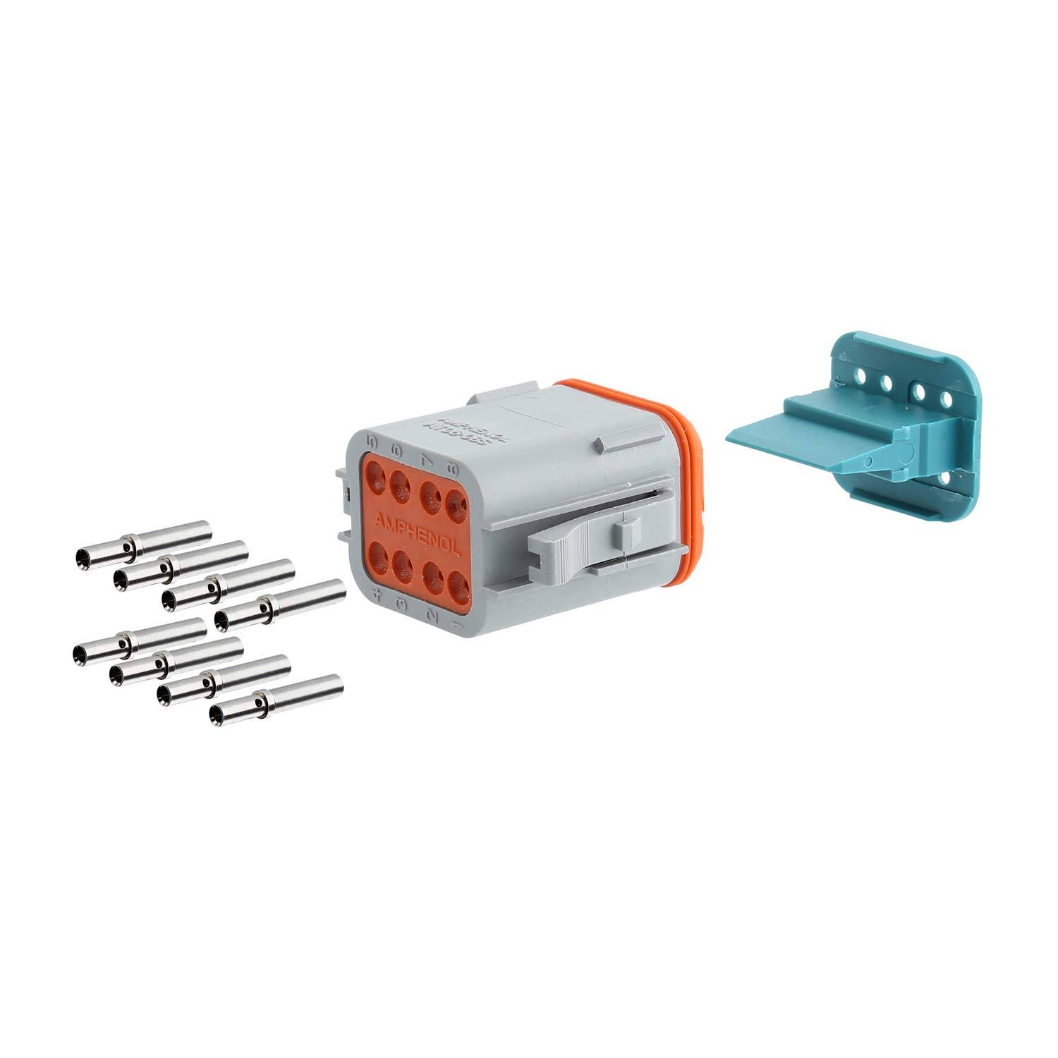 Anschlüsse und Stifte-Set, bestehend aus einem rechteckigen grauen Verbinder mit mehreren Schlitzen, separaten Metallstiften und einem blauen Verriegelungsclip.