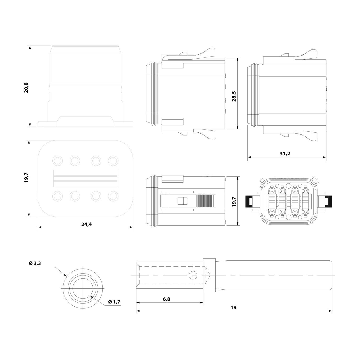 Technische Zeichnung, die verschiedene Ansichten und Abmessungen eines rechteckigen Steckverbinders zeigt, einschließlich Seiten-, Ober- und Querschnittsansichten.