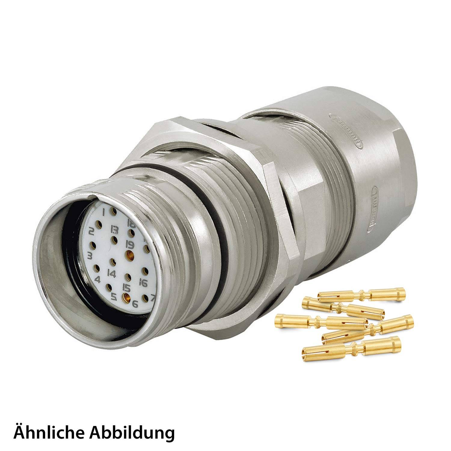 Ein Metallstromverteiler mit mehreren Pinsteckplätzen, daneben liegende Goldpins, was auf Montage oder Reparatur hindeutet. Text lautet 'Ähnliche Abbildung'.