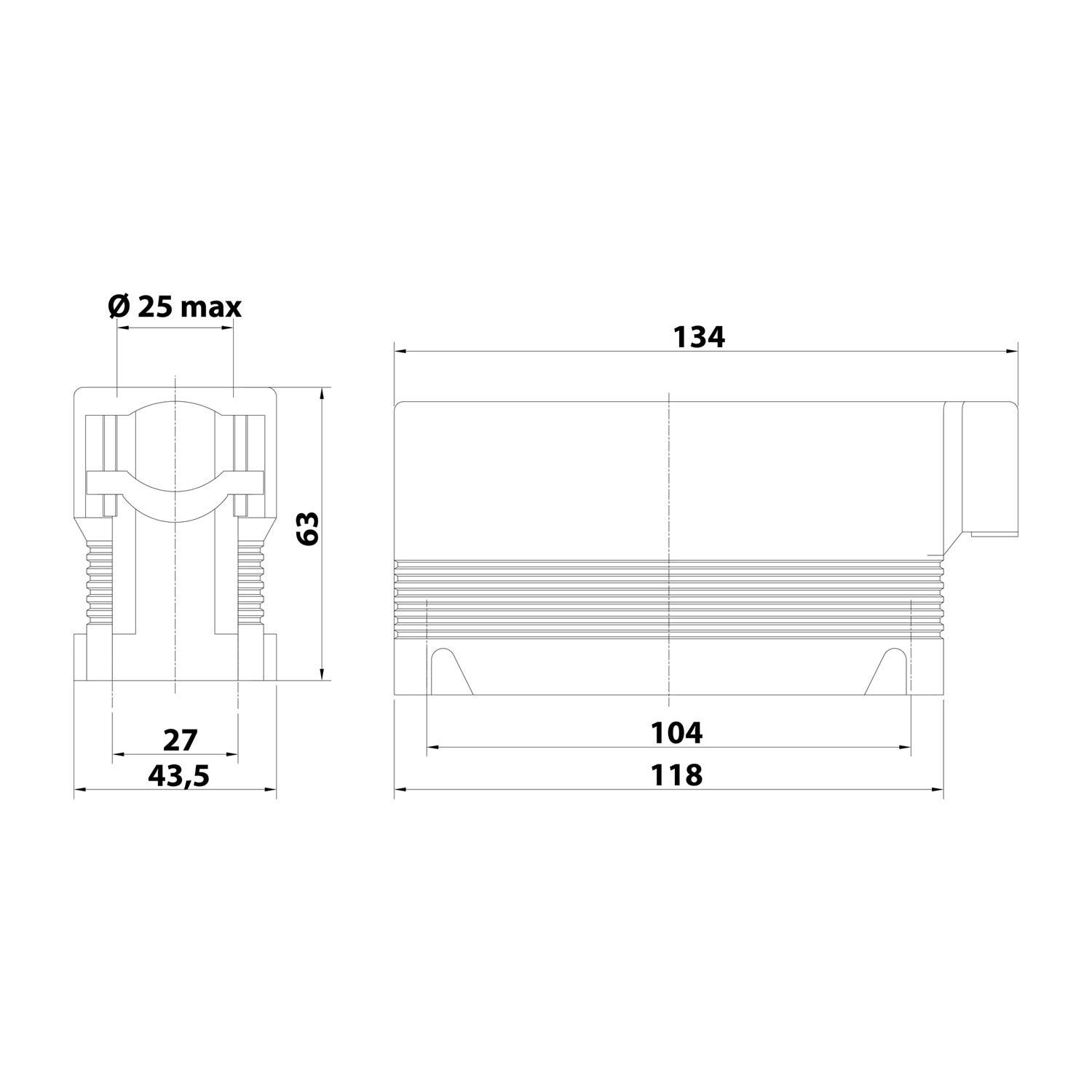 Technische Zeichnung einer Komponente mit Maßen: maximaler Durchmesser 25, Breite 134, Höhe 63, Innentiefe 27, Länge 104.