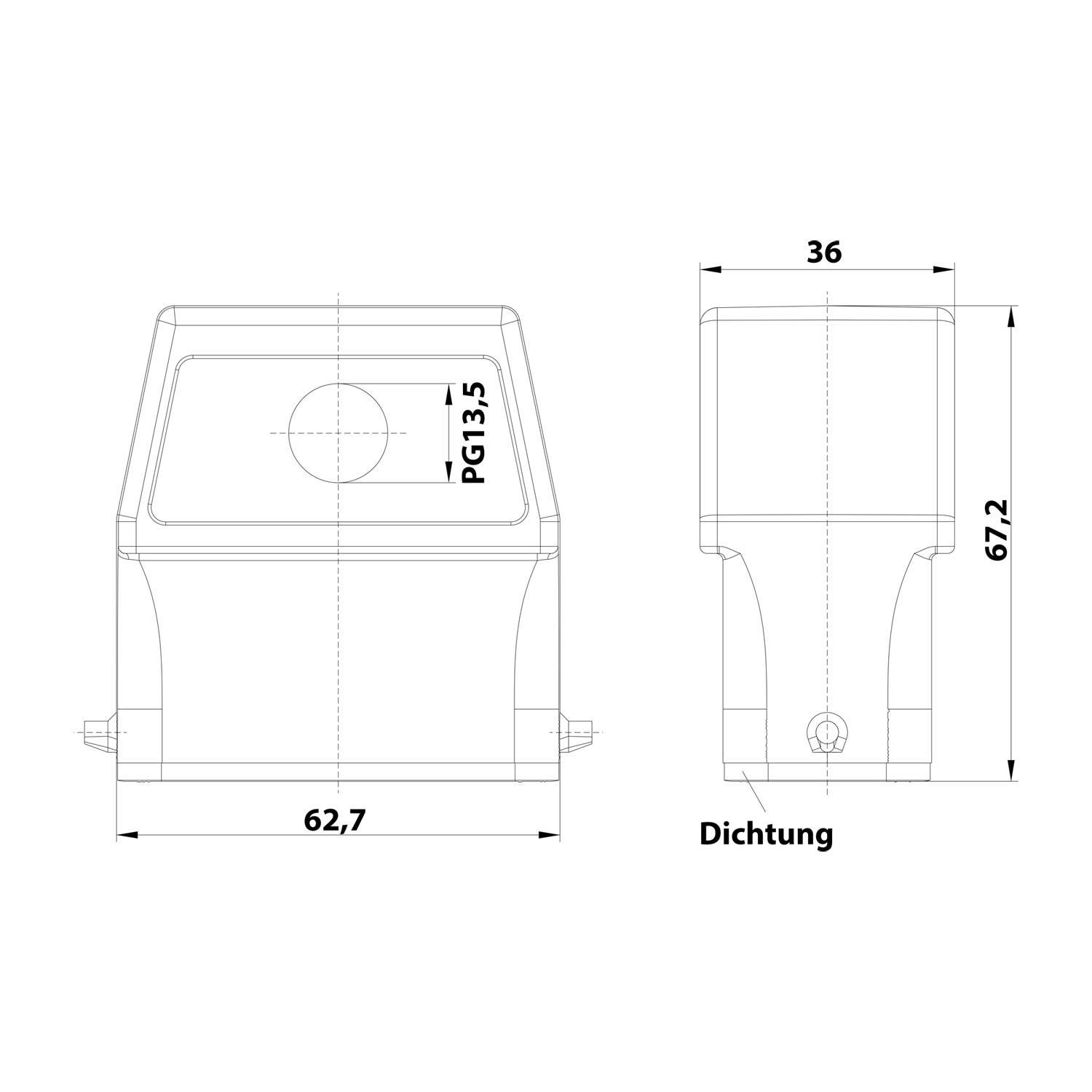 Technische Zeichnung eines Geräts mit Abmessungen: Frontansicht Breite 62,7 mm, Seitenansicht Höhe 67,2 mm, Breite 36 mm, markiert mit 'Dichtung'.