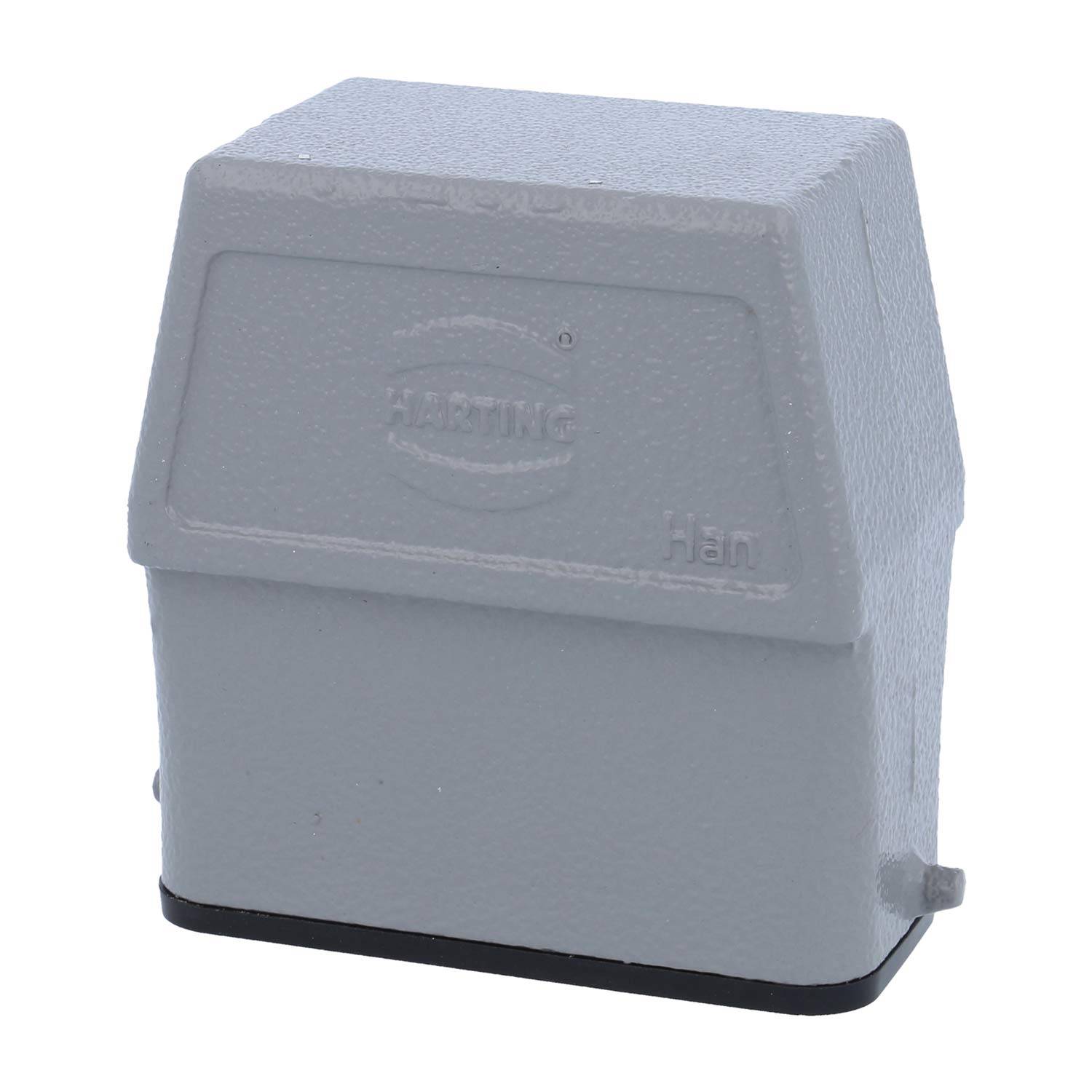 Ein rechteckiges graues industrielles Anschlussgehäuse mit strukturierter Oberfläche, versehen mit einem eingepresstem Markenlogo auf der Vorderseite.
