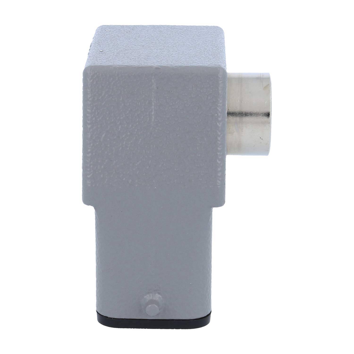 Ein graues, rechteckiges Metallbauteil mit einem zylindrischen Vorsprung an der Seite, möglicherweise ein Anschluss oder Teil eines elektronischen Geräts.