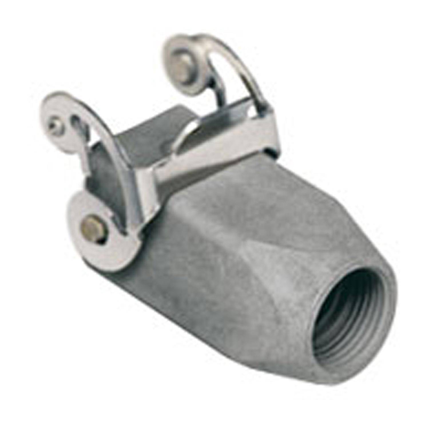 Eine Metallkupplung mit einer Gewindebohrung, die zum sicheren Verbinden von Schläuchen oder Rohren konzipiert ist und mit Hebelarmen zum Festziehen ausgestattet ist.