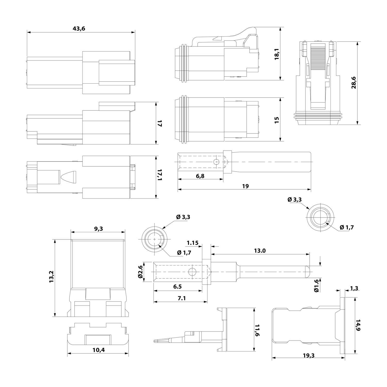 Technische Zeichnung einer mechanischen Komponente mit verschiedenen Abmessungen und Ansichten, einschließlich Seiten-, Drauf- und Detailschnitten.