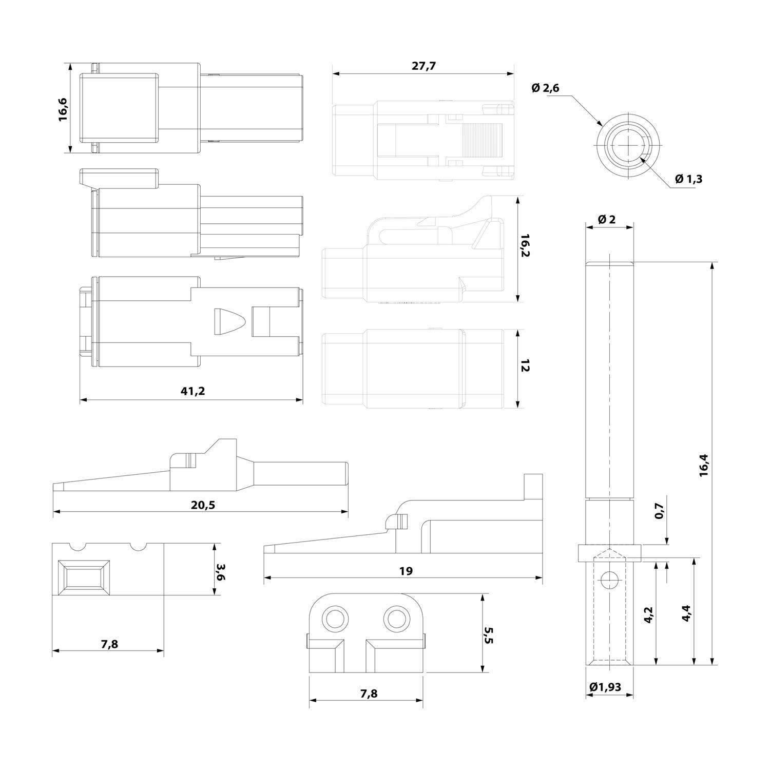 Technische Bauzeichnung mit mehreren Ansichten und Dimensionen einer mechanischen Komponente, die Längen, Breiten und radiale Messungen detailliert.