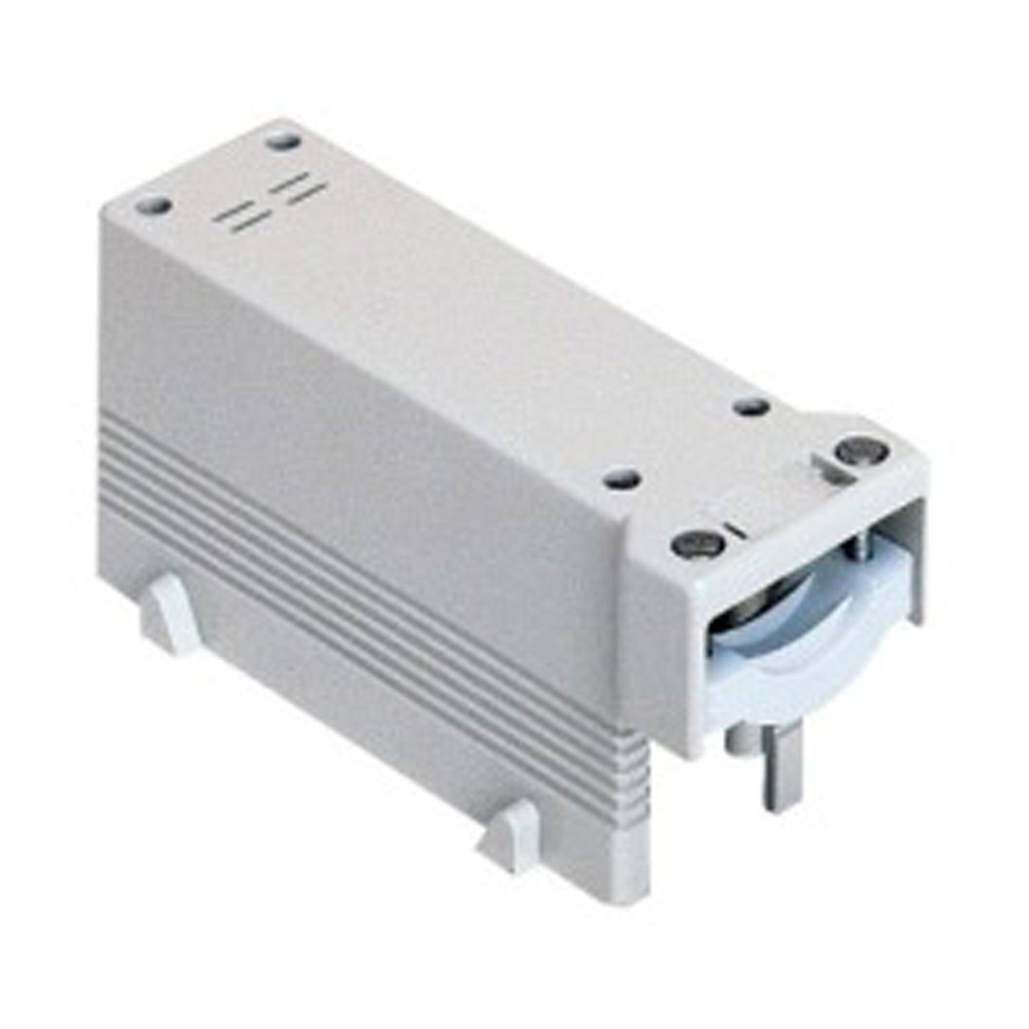 Eine graue elektrische Komponente mit einem gerippten Gehäuse und einem hervorstehenden Anschluss am Ende, wahrscheinlich für industrielle Anwendungen verwendet.