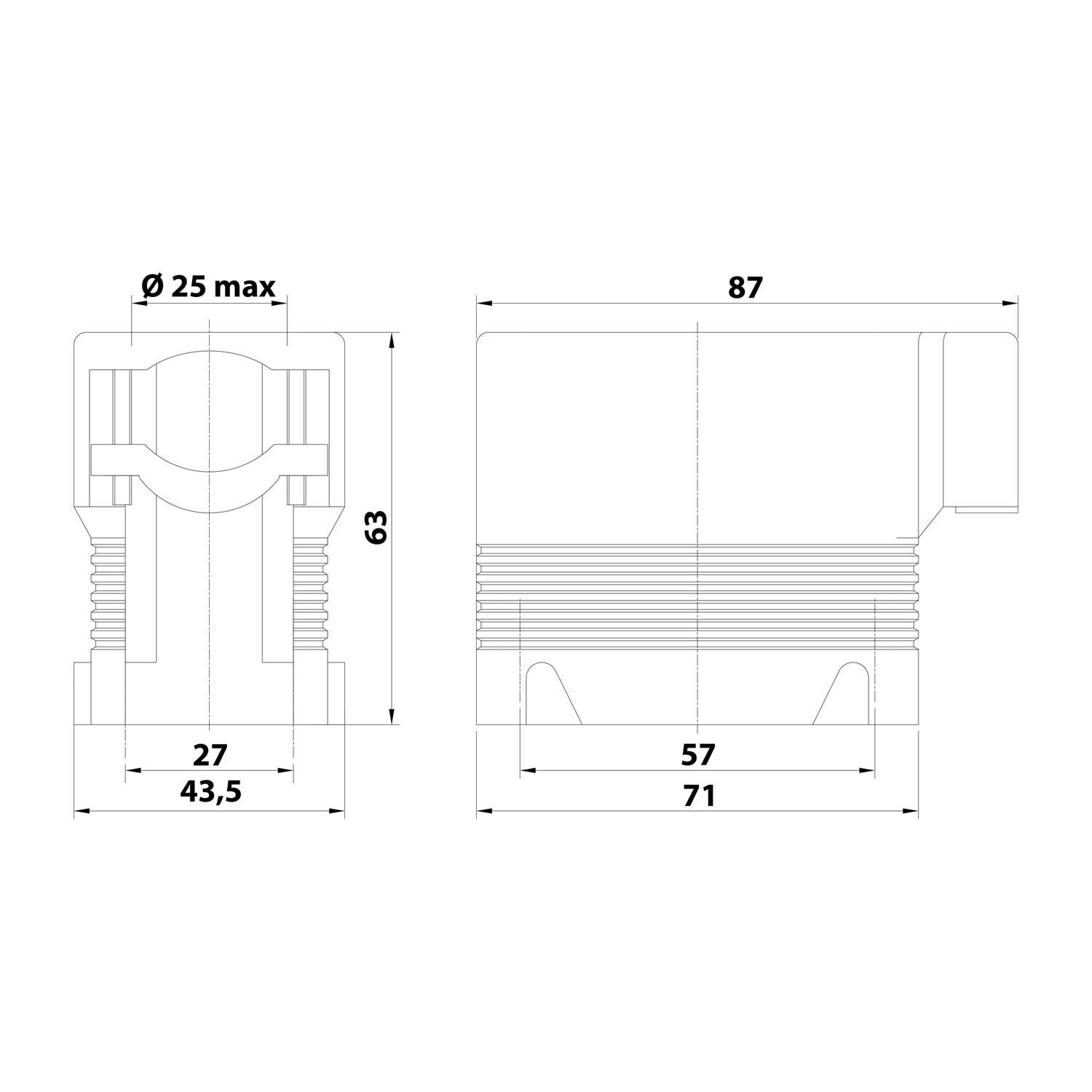 Technische Zeichnung eines mechanischen Bauteils mit Maßangaben: 87 mm Breite, 63 mm Höhe und 71 mm Tiefe. Beinhaltet Gewinde- und Durchmesserdetails.