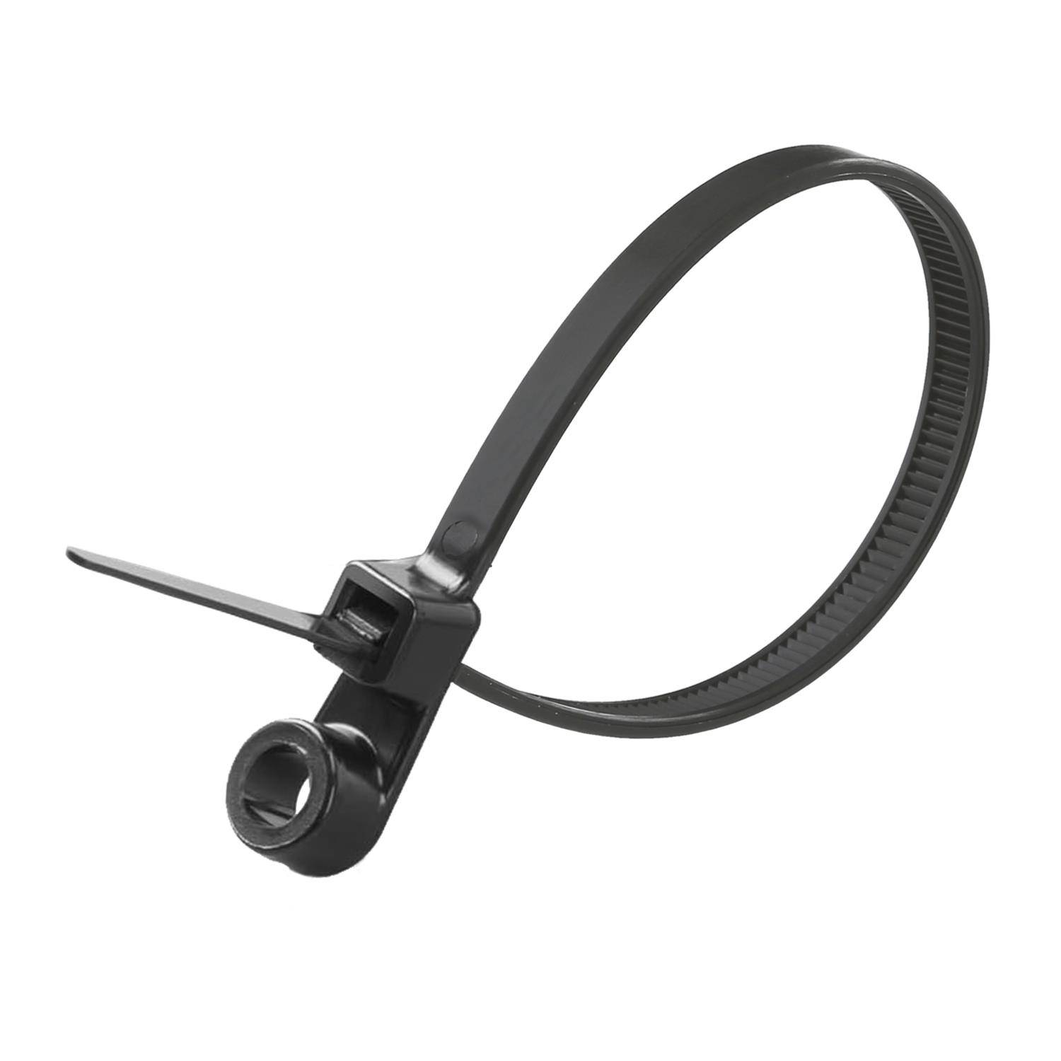 Eine schwarze Kabelbinder mit einem Verschlussmechanismus und einer Schlaufe zum einfachen Befestigen von Gegenständen.