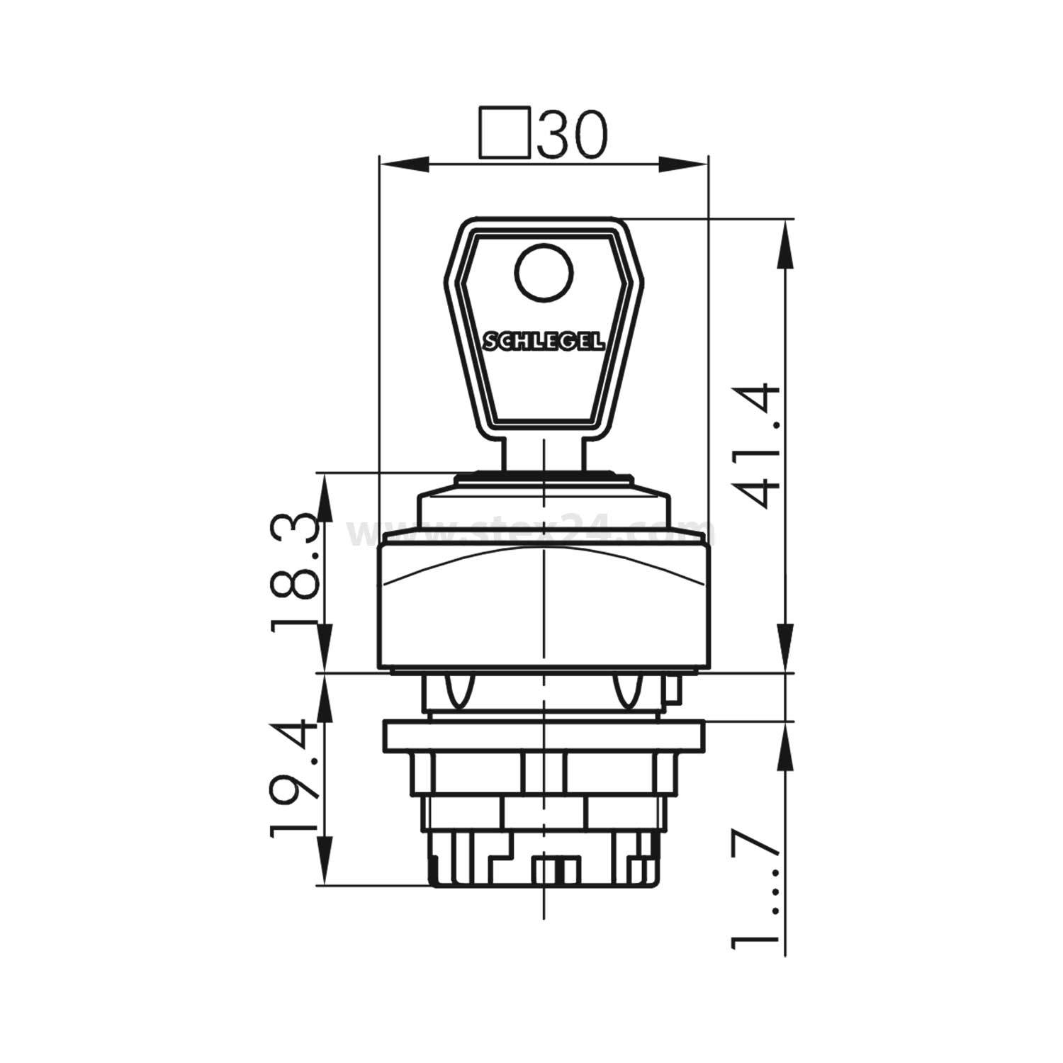 Technische Zeichnung eines Schlegel-Schlüsselschalters, Abmessungen beschriftet: Breite 30 mm, Höhe 41,4 mm, Tiefe 19,4 mm.