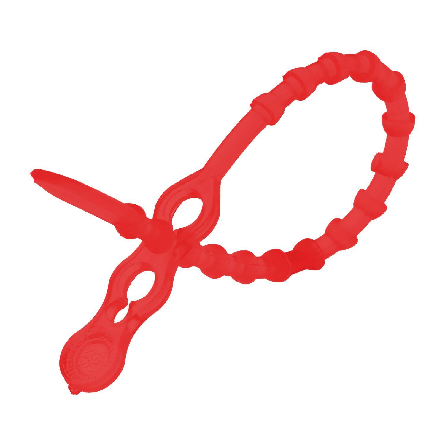 Ein roter, mit Perlen besetzter Schnullerhalter mit verstellbarer Klammer, der entwickelt wurde, um einen Schnuller an der Kleidung eines Babys zu befestigen und ein Verlieren zu verhindern.