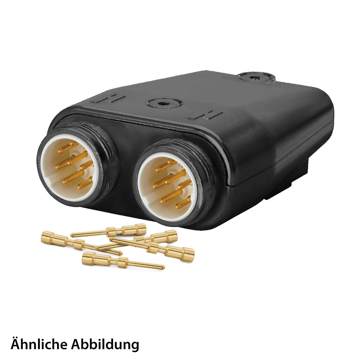 Schwarzer elektrischer Anschluss mit zwei runden Anschlüssen und goldenen Kontakten, weiß beschriftet mit H. Abbildung zeigt sechs lose goldene Kontakte. Text: Ähnliche Abbildung.