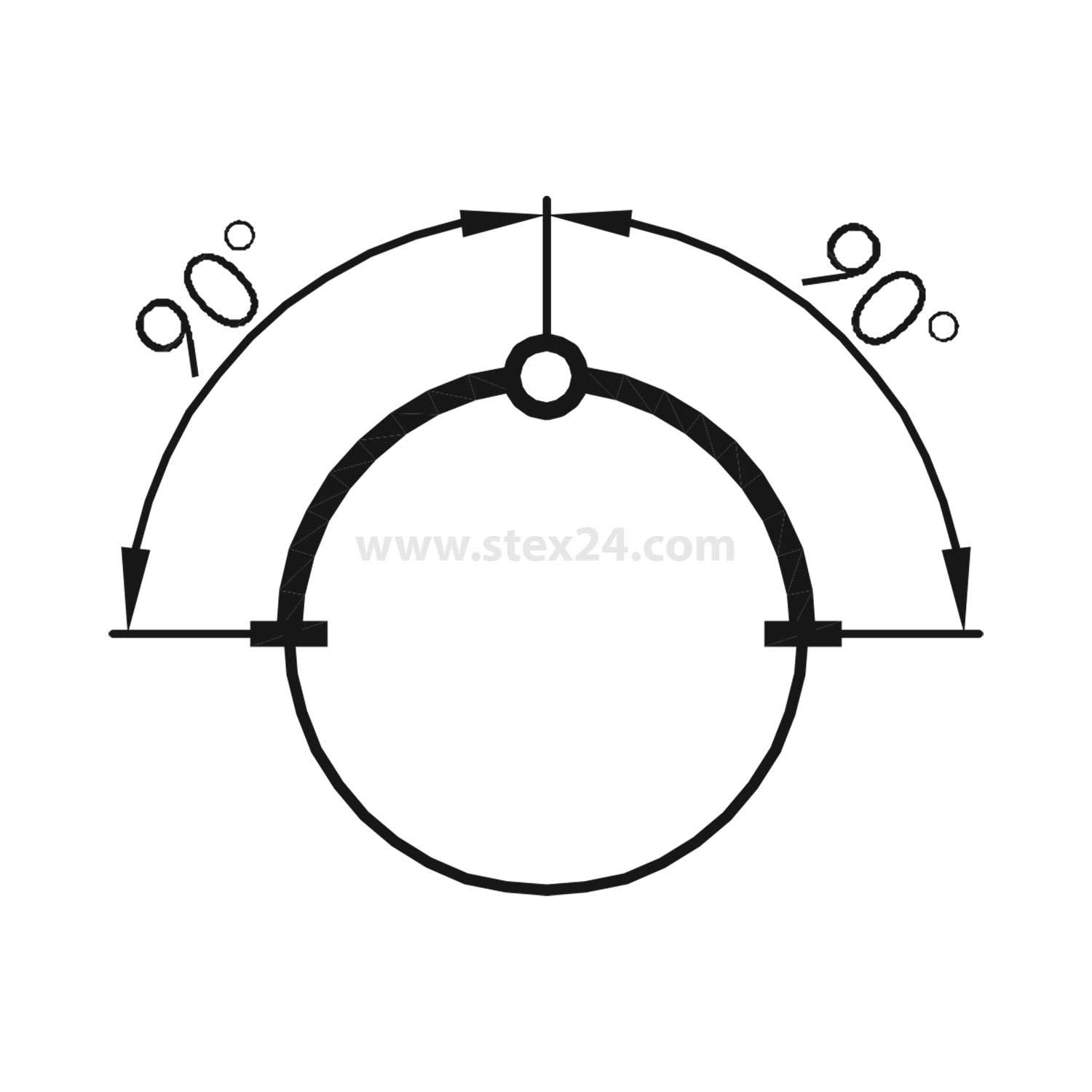 Diagramm eines Kreises mit zwei 90-Grad-Winkeln, die auf gegenüberliegenden Seiten markiert sind und Symmetrie oder gleichmäßige Teilung anzeigen.