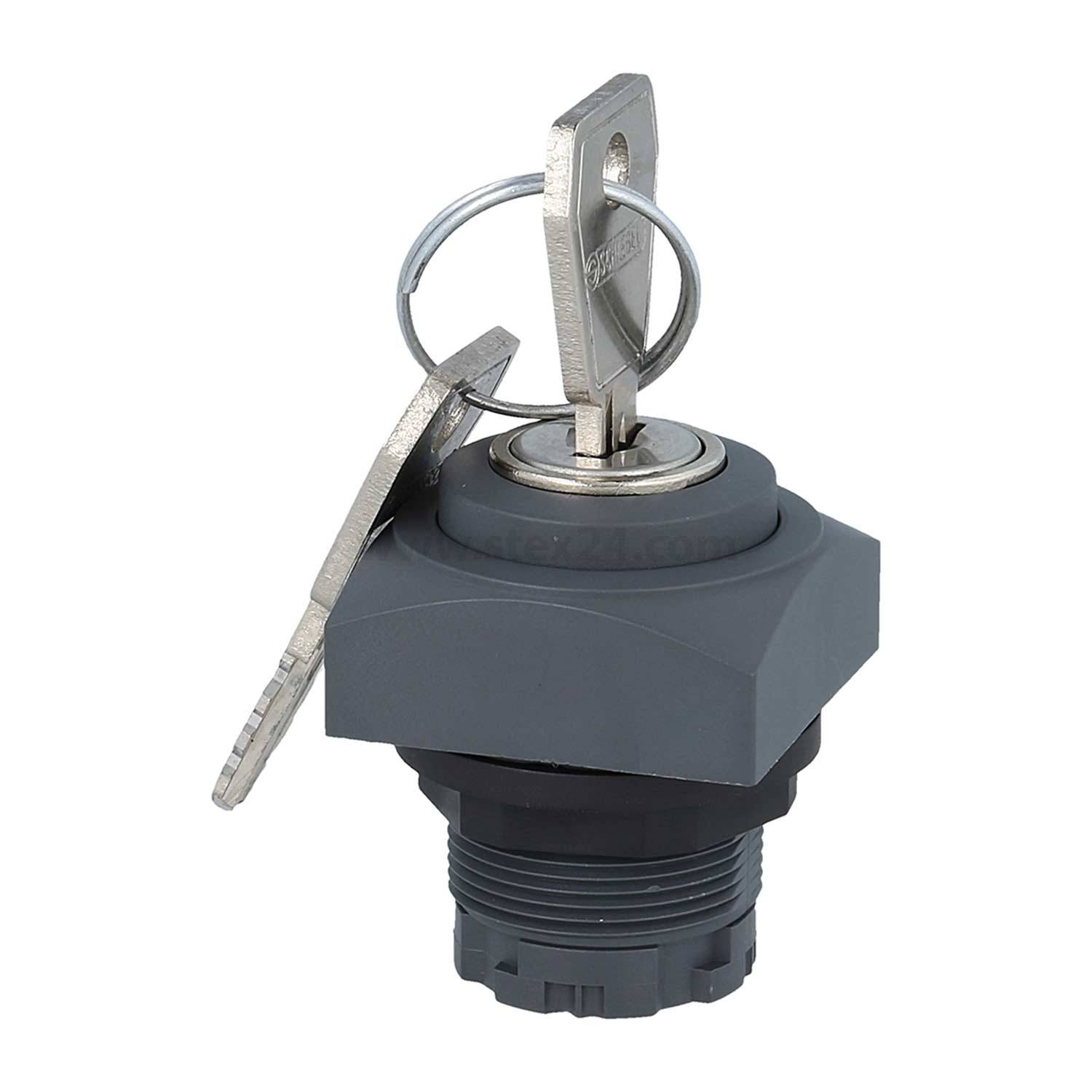 Ein grauer und silberner Schlüsselschalter zum Aktivieren oder Deaktivieren eines Geräts, bei dem ein Schlüssel in den Schalter eingesetzt ist.