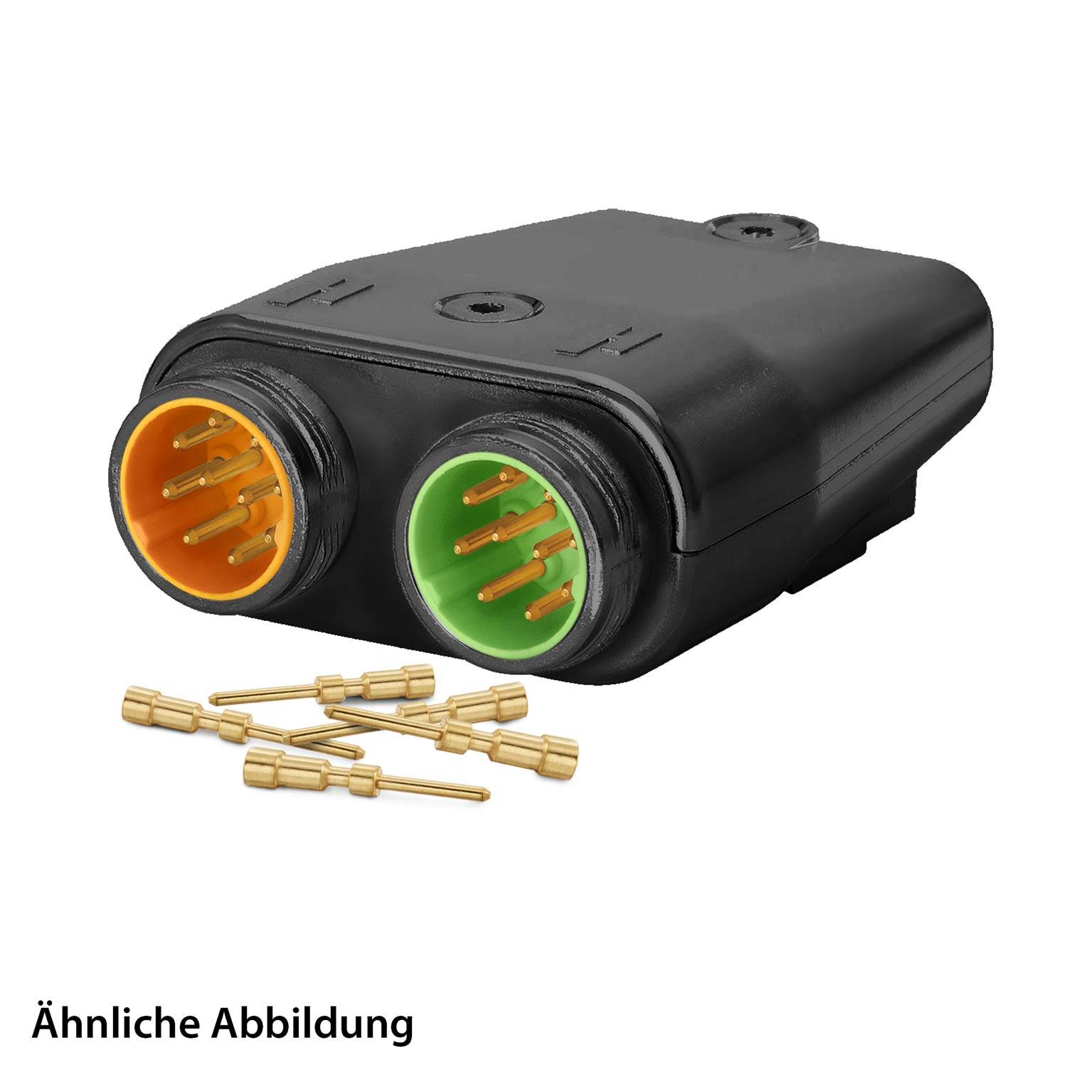 Ein schwarzer elektrischer Stecker mit gelben und grünen Buchsen, die jeweils mehrere Stifte aufweisen, zusammen mit mehreren Metallkontakten. Text lautet: Ähnliche Abbildung.