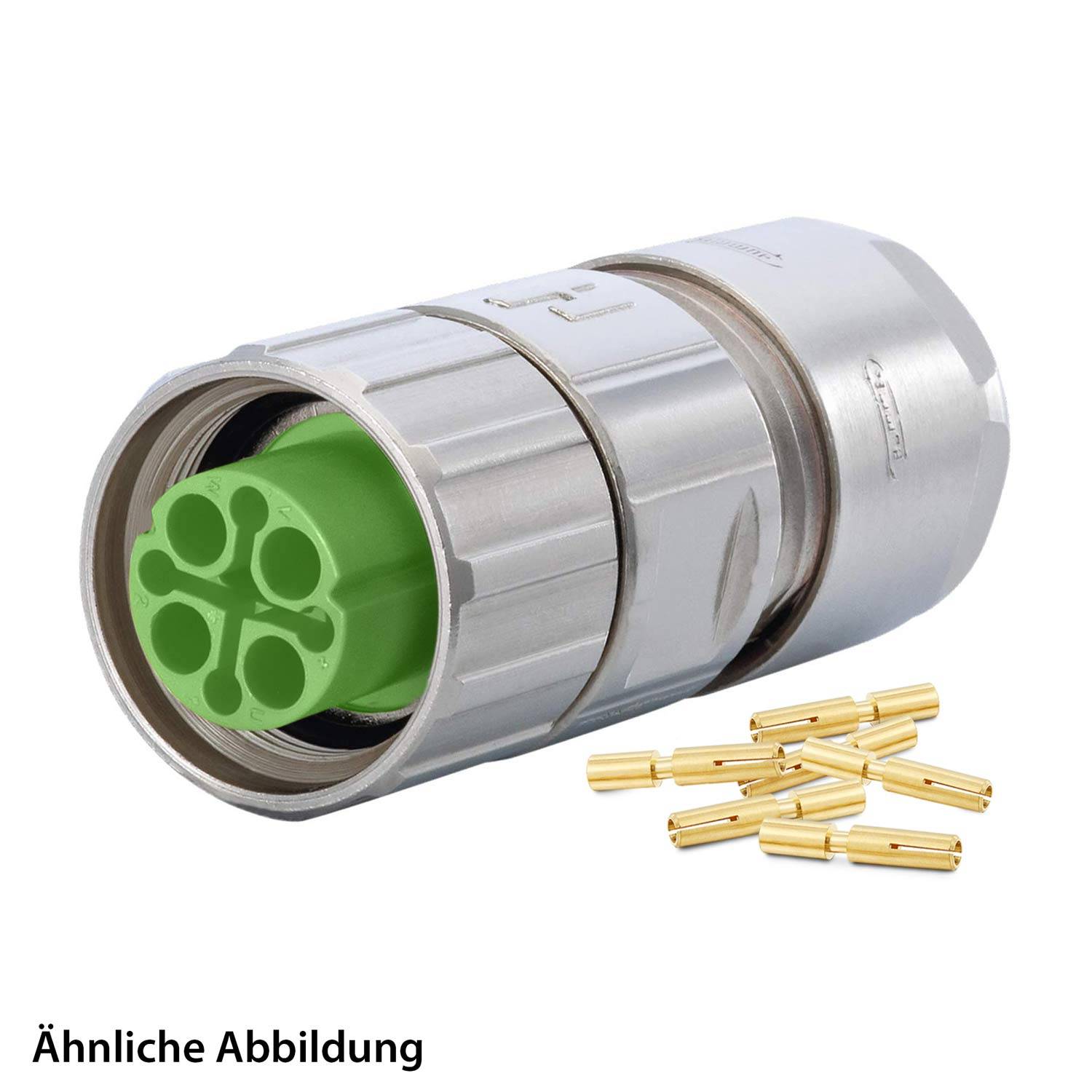 Ein Metallverbinder mit einem grünen Einsatz mit vier Pins wird neben mehreren kleinen goldfarben Kontakten gezeigt. Text lautet 'Ähnliche Abbildung'.