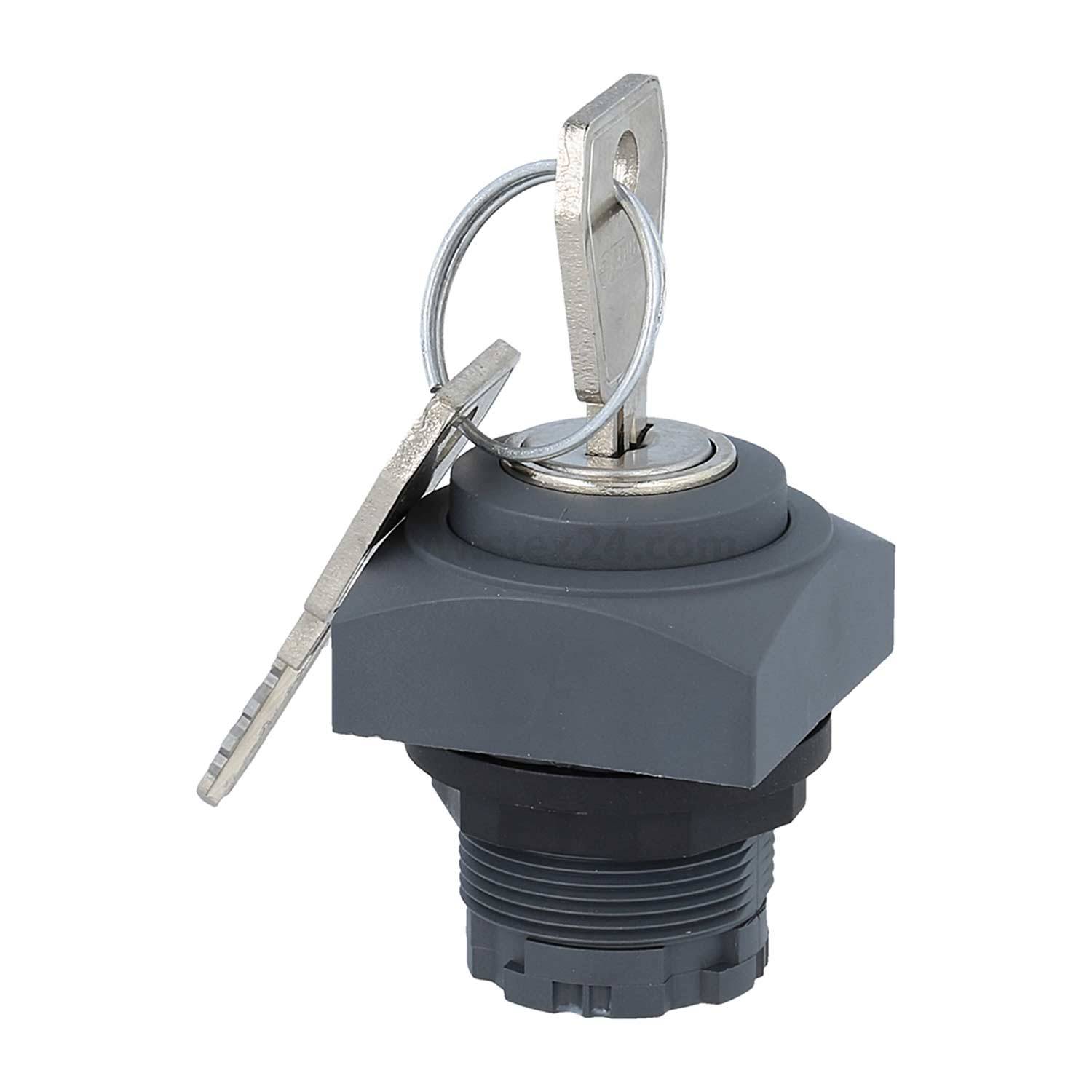 Ein grauer Verschlussmechanismus mit einem hervorstehenden silbernen Schlüssel, umgeben von einem sechseckigen Kragen und einer Gewindebase, was auf eine sichere Schaltkomponente hinweist.