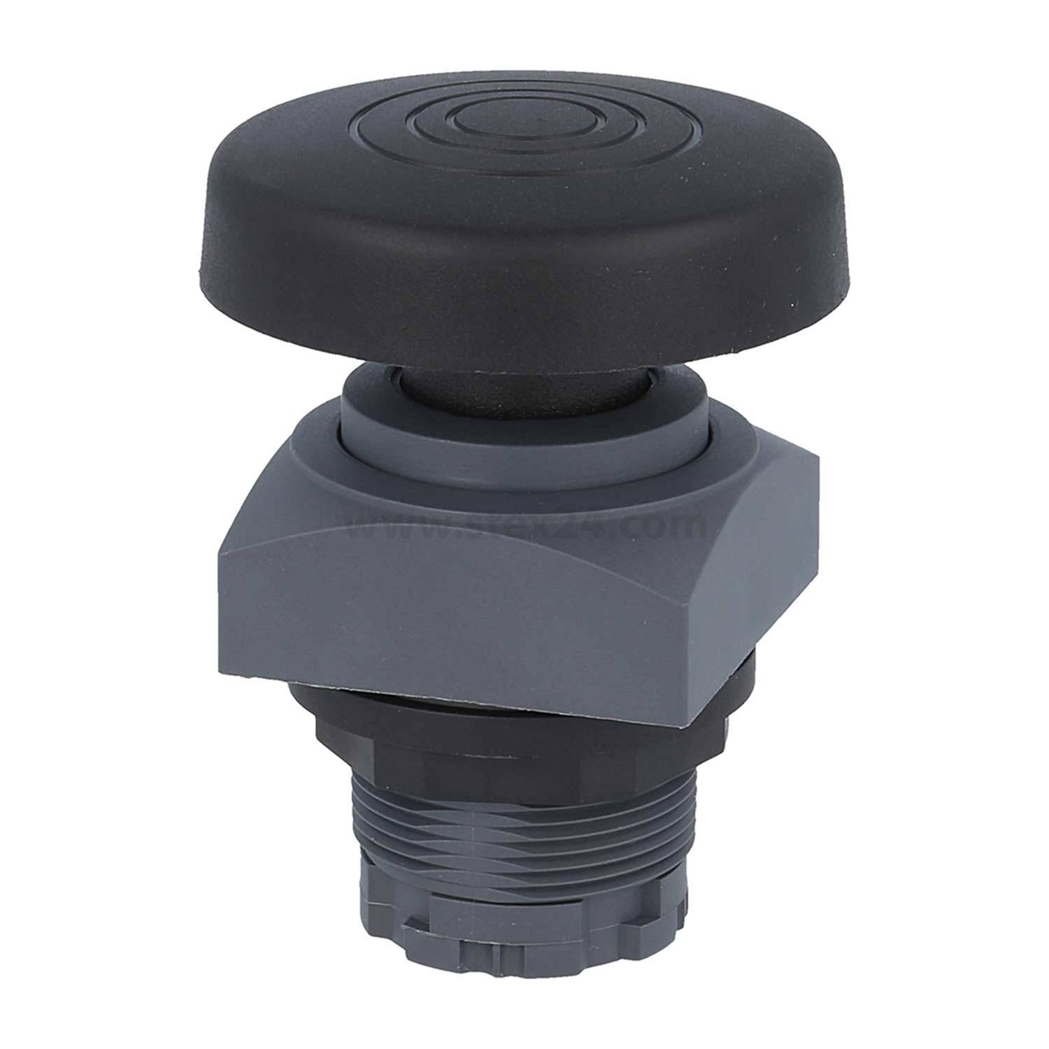 Ein abgerundeter schwarzer industrieller Druckknopf mit gerillter Oberfläche, montiert auf einer grauen und schwarzen Basis, typischerweise zur Maschinensteuerung verwendet.