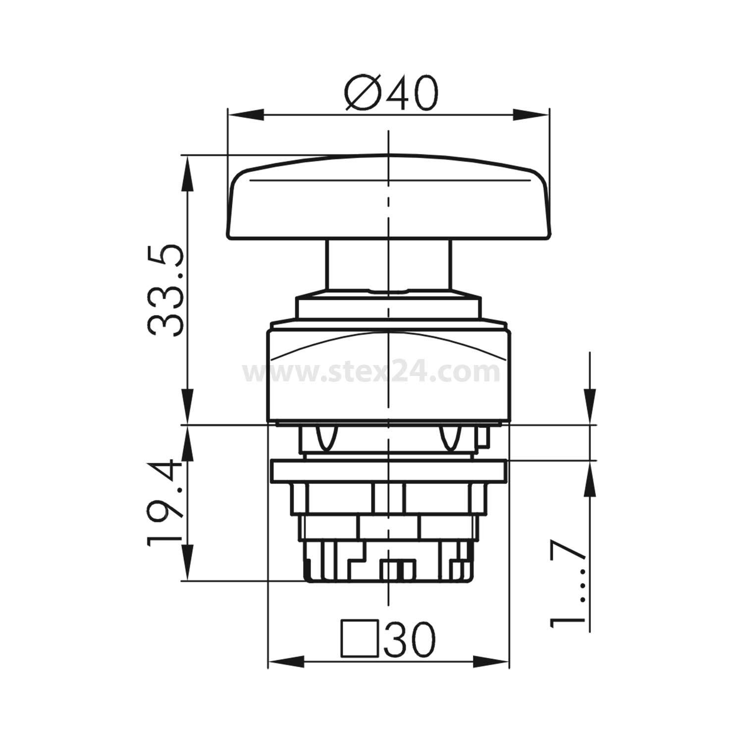 Eine technische Zeichnung eines Druckknopfs mit Abmessungen: 40 mm Durchmesser, 33,5 mm Höhe, 19,4 mm Tiefe, 30 mm quadratische Grundfläche, 1,7 mm Abstand.