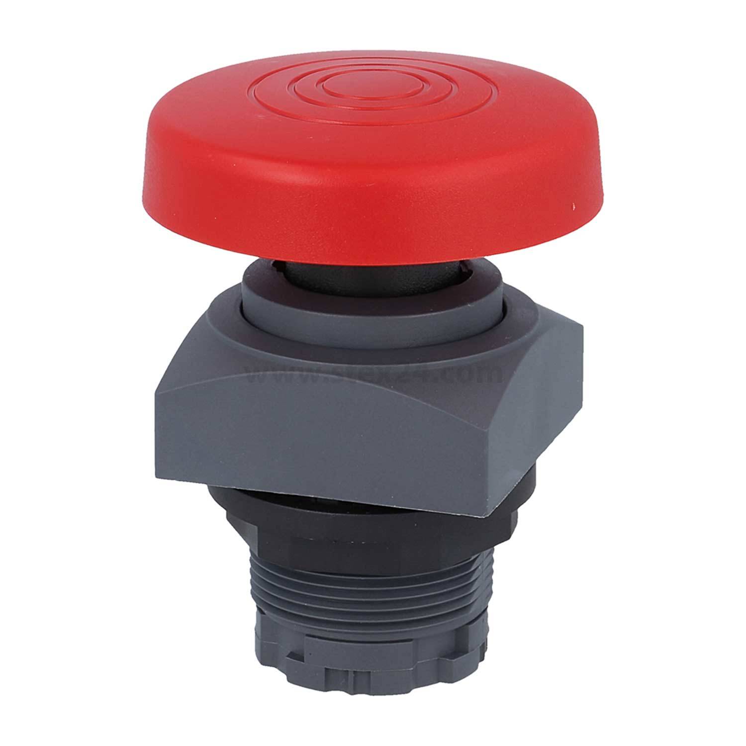 Ein roter Notaus-Knopf vor einem einfarbigen Hintergrund, mit einer roten Kreisscheibe auf einer grauen Basis.