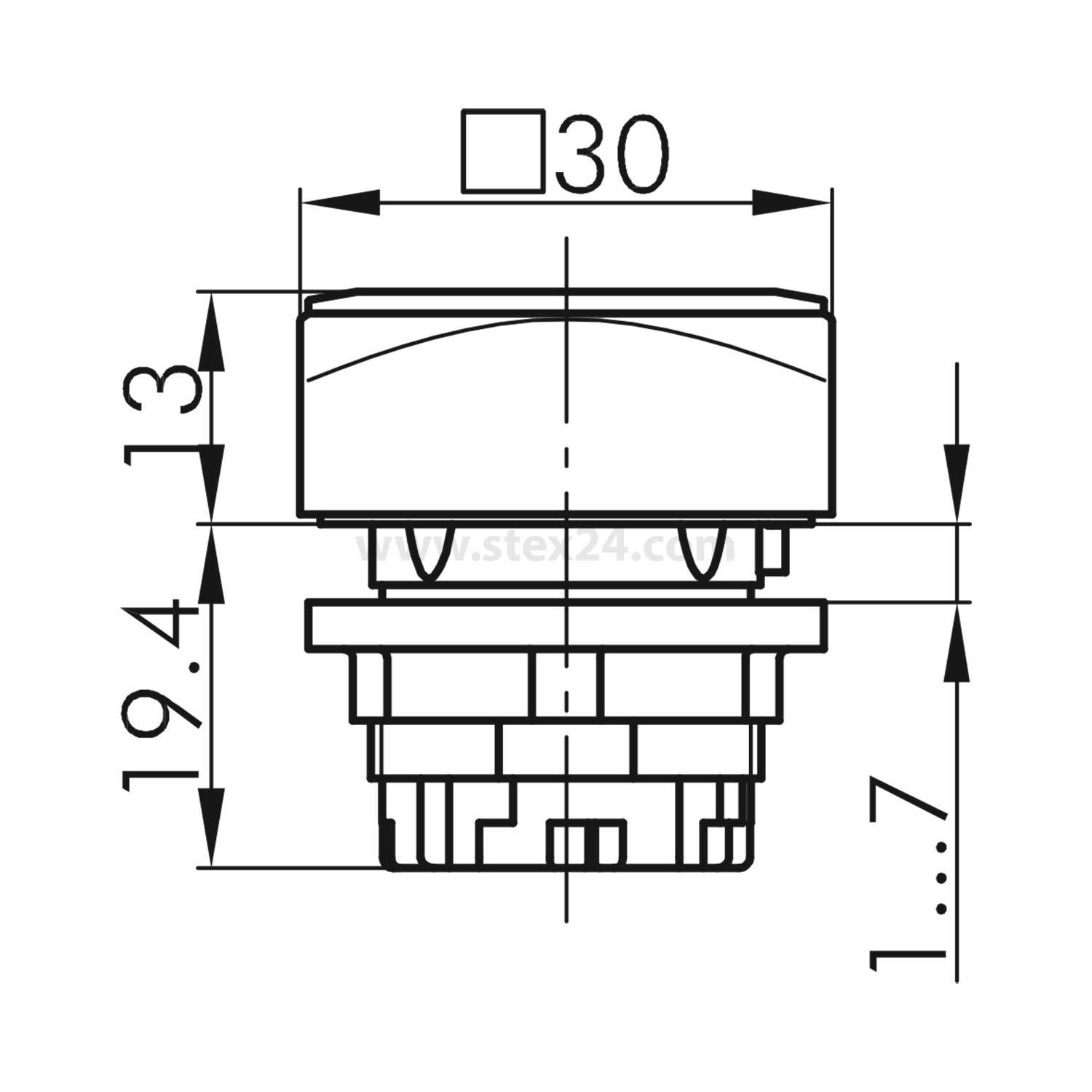 Technische Zeichnung eines Drucktasters mit Maßangaben: 30 mm Breite, 13 mm Höhe des Knopfes, 19,4 mm Gesamthöhe einschließlich Sockel.
