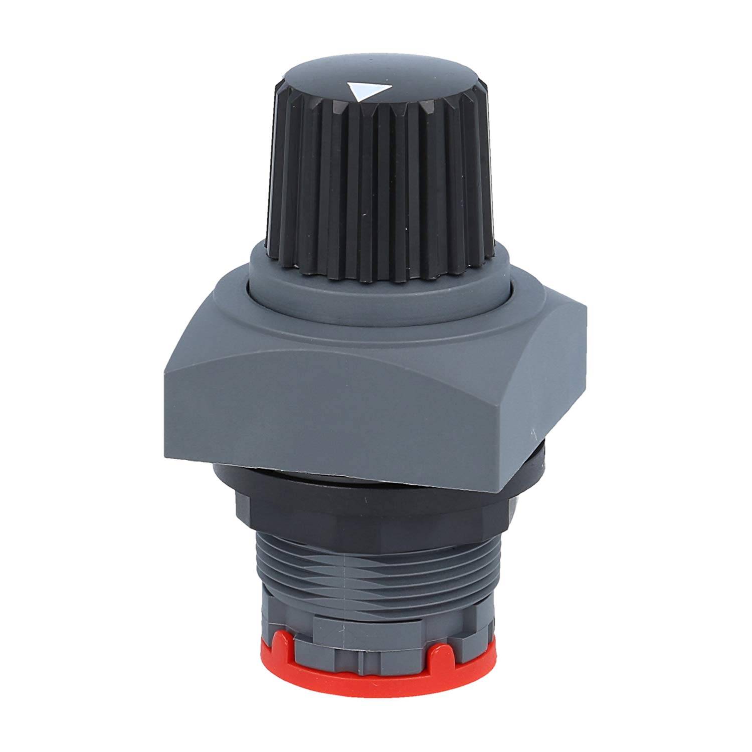 Schwarzer und grauer Drehschalter mit roter Basis, konzipiert für den Einbau auf Kontrollpanels, verwendet zum Einstellen oder Steuern von Einstellungen.