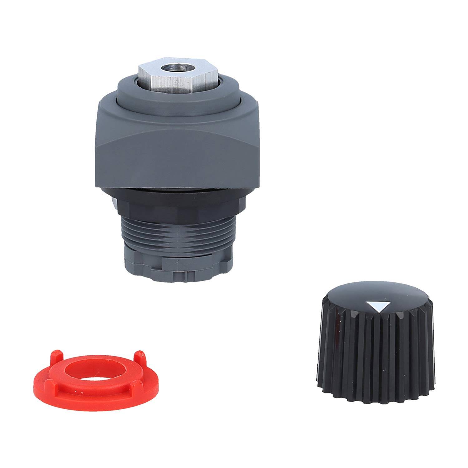 Gasarmaturbauteile, einschließlich eines grauen Knopfes, eines roten Rings und einer schwarzen Kappe, die zur Steuerung des Gasflusses in Geräten verwendet werden.